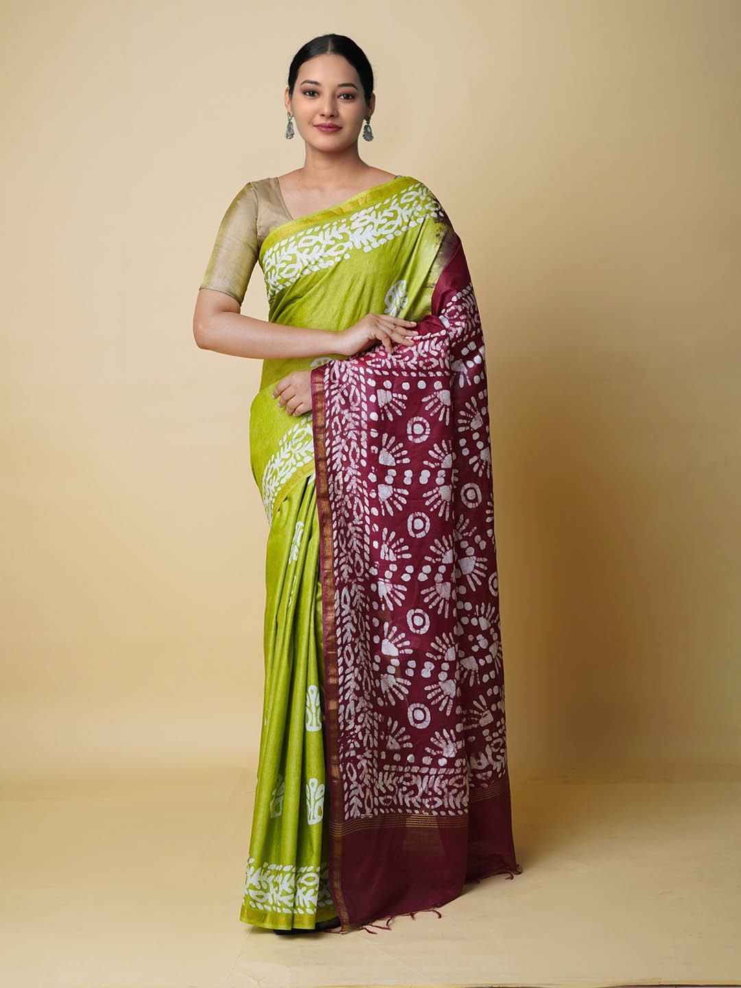 

Unnati Silks Batik Zari Silk Cotton Chanderi Saree, Green