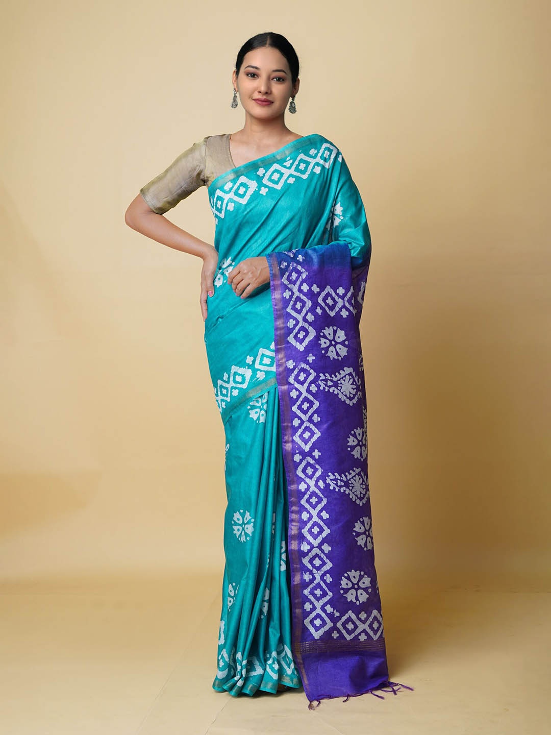 

Unnati Silks Batik Zari Silk Cotton Chanderi Saree, Blue