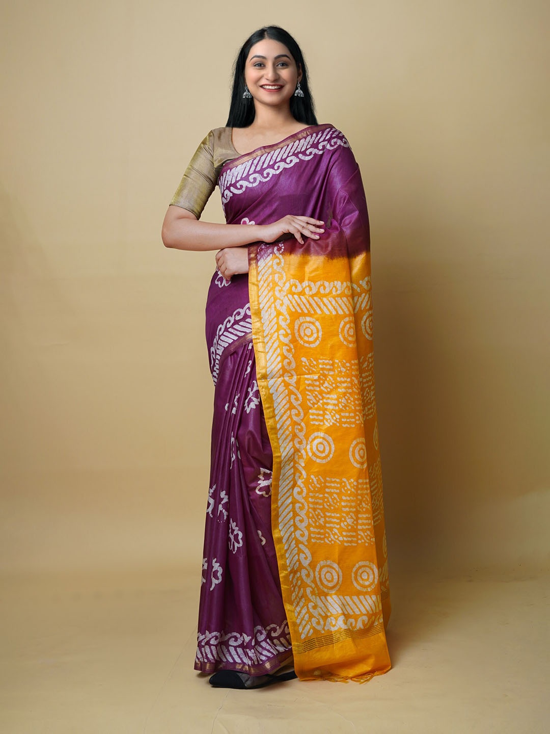 

Unnati Silks Batik Printed Zari Silk Cotton Chanderi Saree, Violet