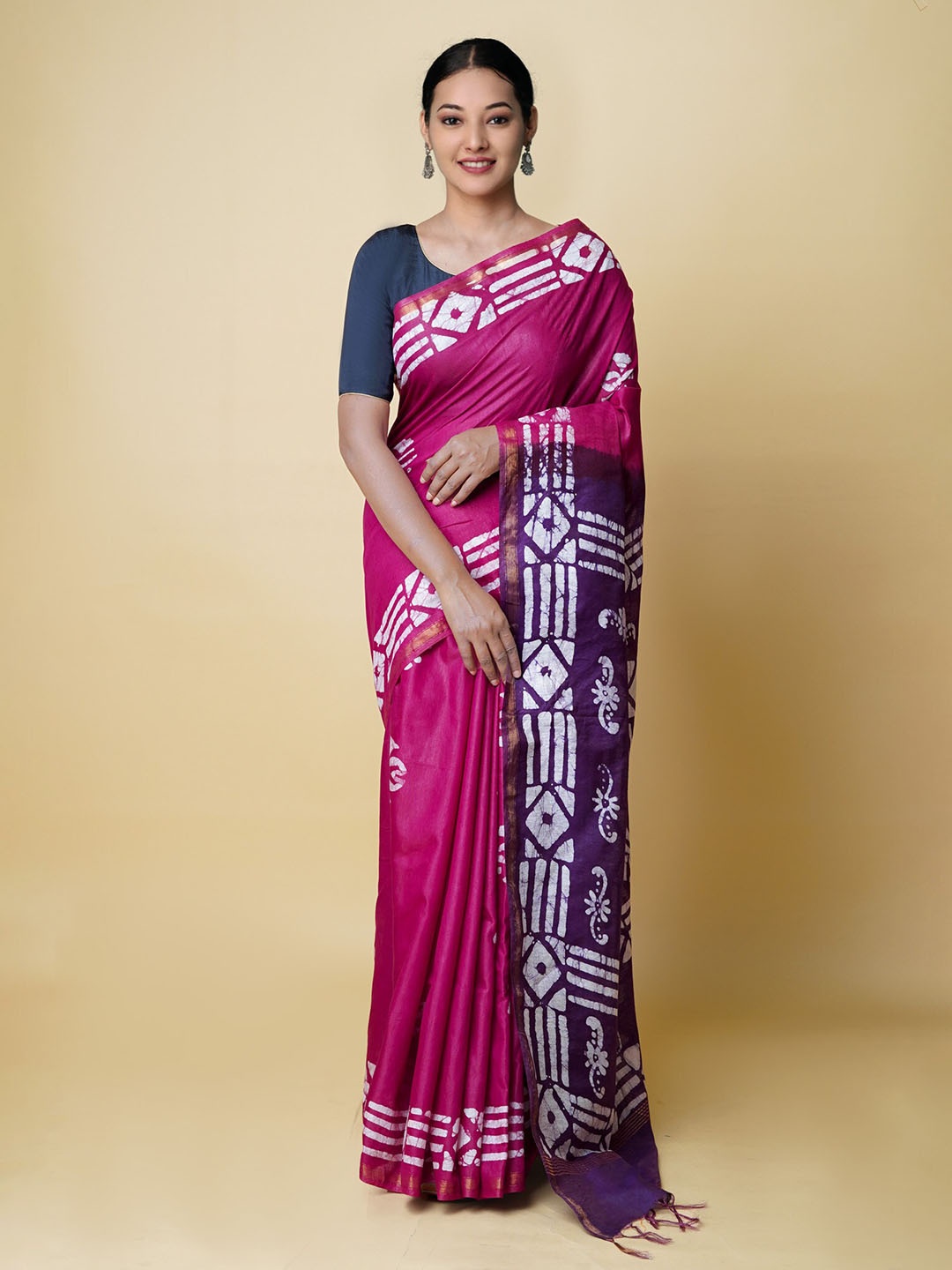 

Unnati Silks Batik Printed Zari Silk Cotton Chanderi Saree, Maroon