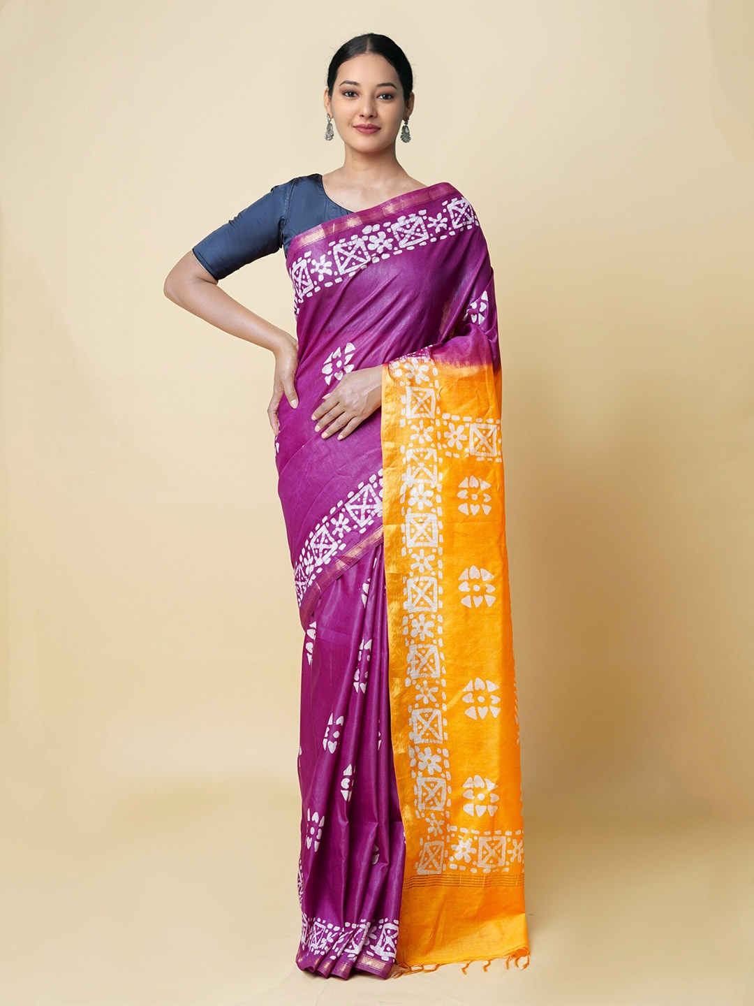 

Unnati Silks Batik Printed Zari Silk Cotton Chanderi Saree, Purple