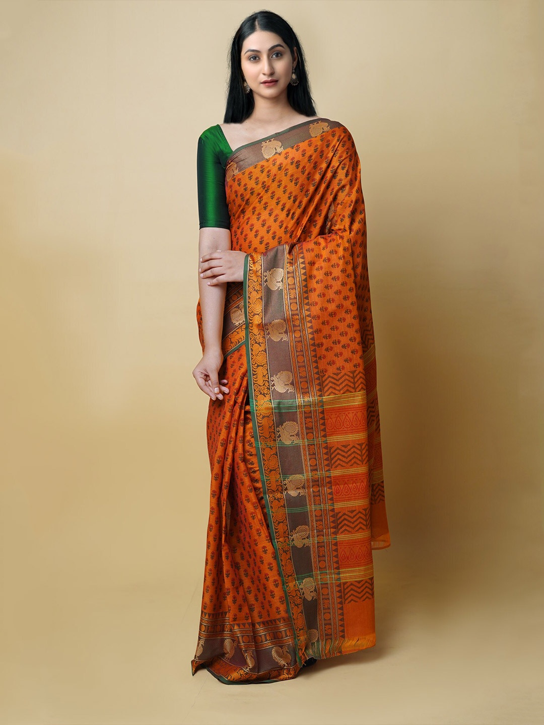 

Unnati Silks Ethnic Motifs Zari Pure Cotton Chettinad Saree, Orange