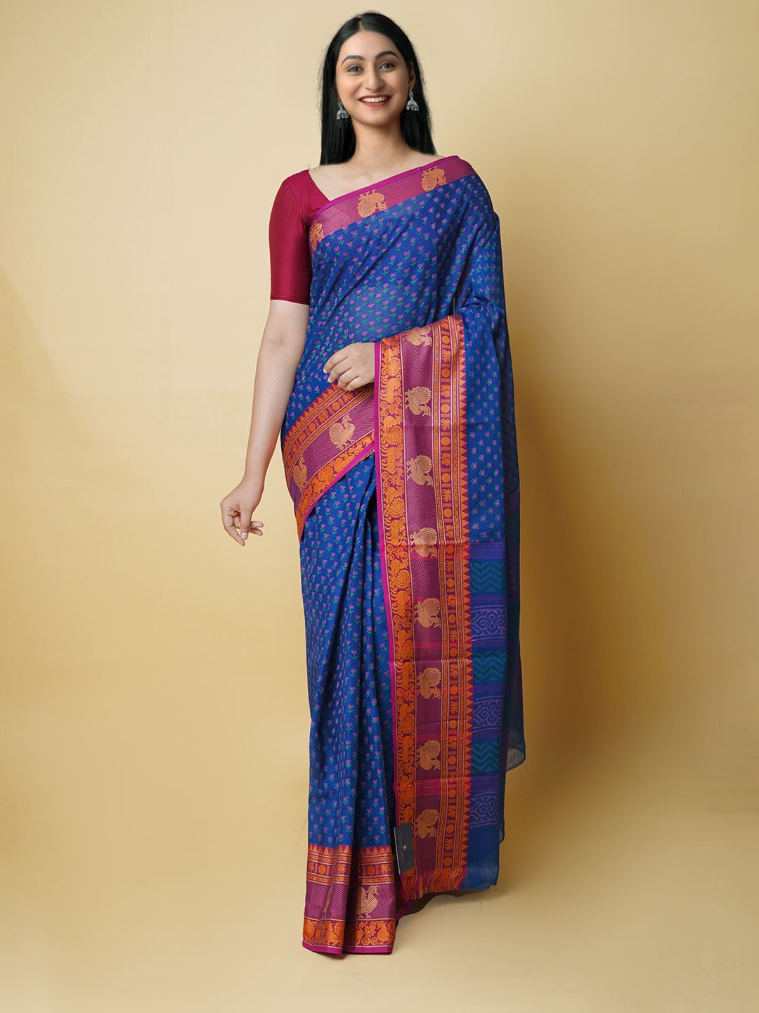 

Unnati Silks Ethnic Motifs Zari Pure Cotton Chettinad Saree, Blue
