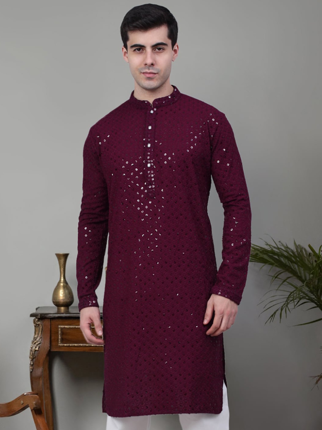 Jompers Floral Embroidered Sequinned Pure Cotton Straight Kurta, Purple
