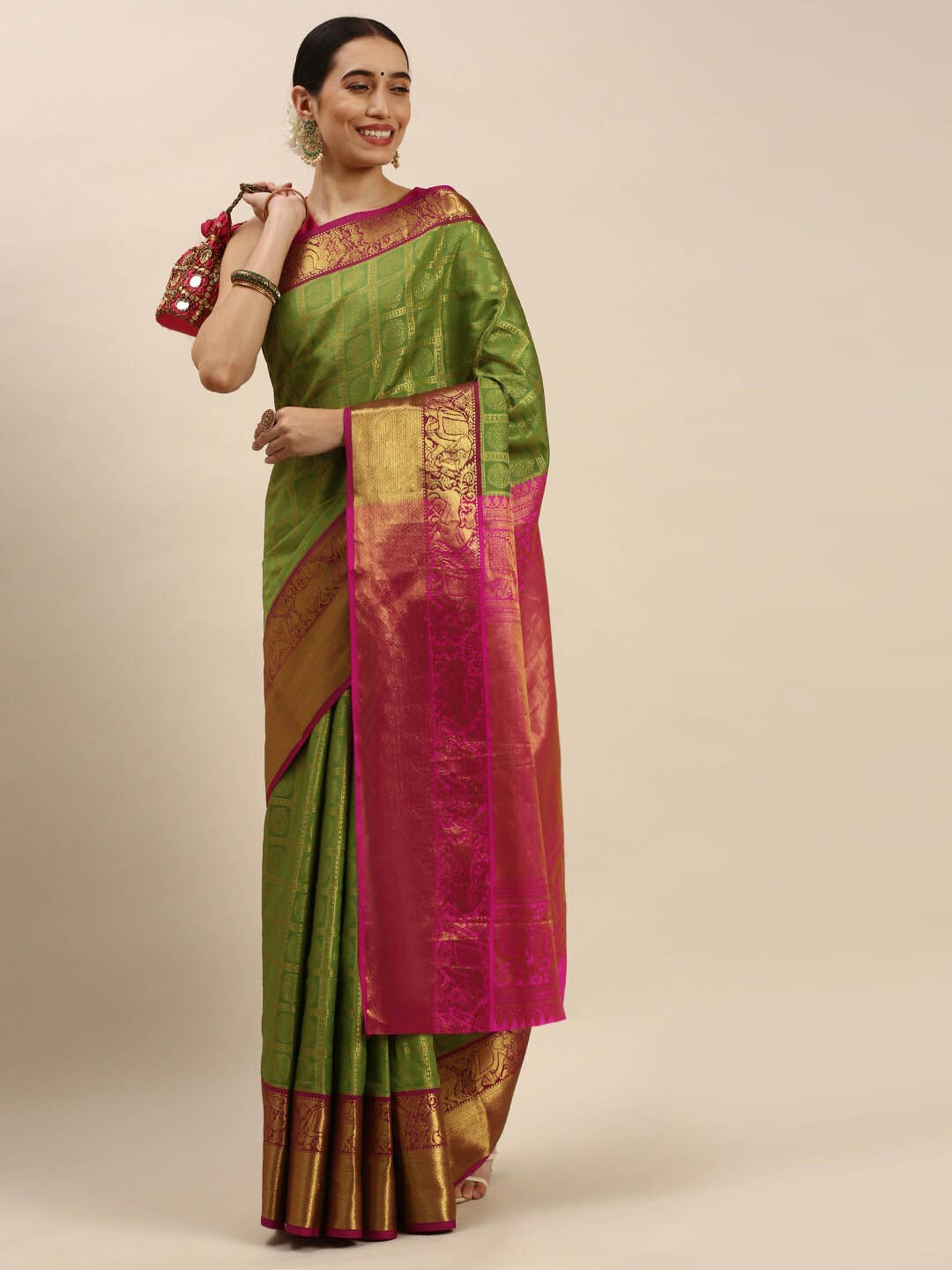 

Angroop Ethnic Motifs Woven Design Zari Banarasi Saree, Green