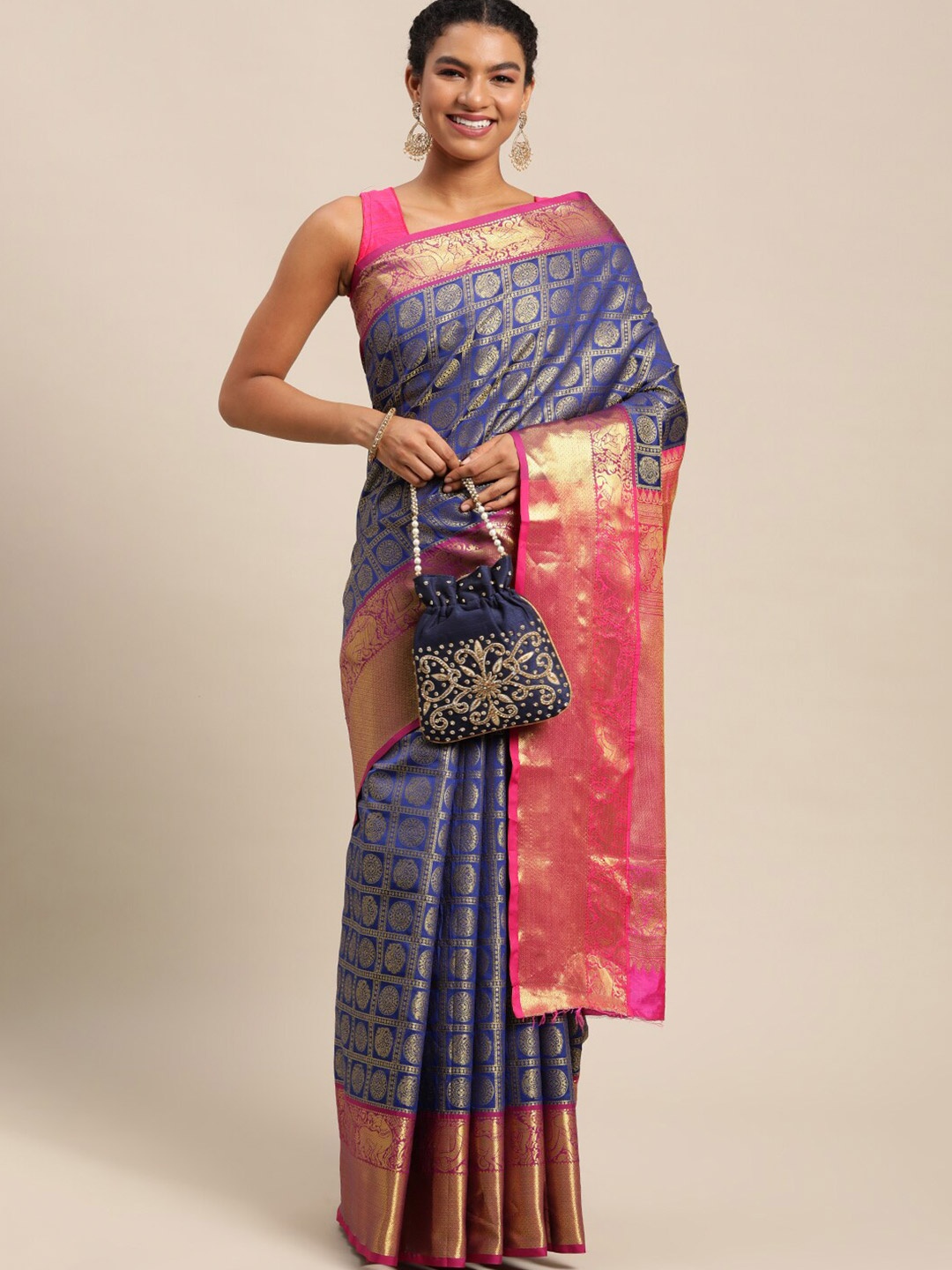 

Angroop Ethnic Motifs Woven Design Zari Banarasi Saree, Blue