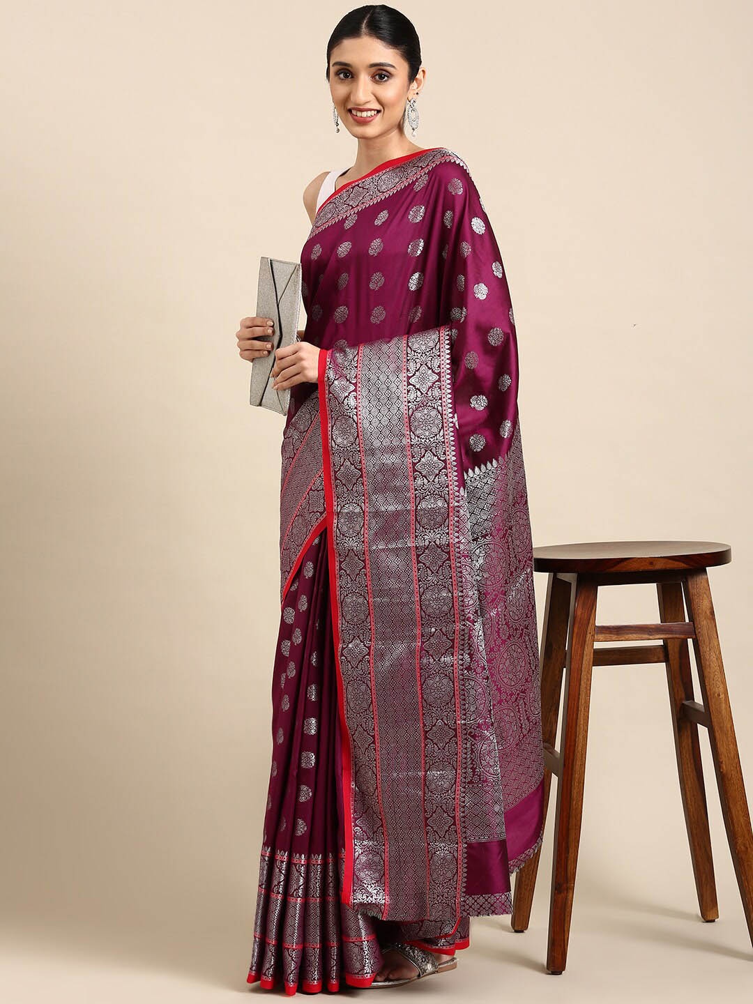 

Angroop Ethnic Motifs Woven Design Zari Banarasi Saree, Magenta