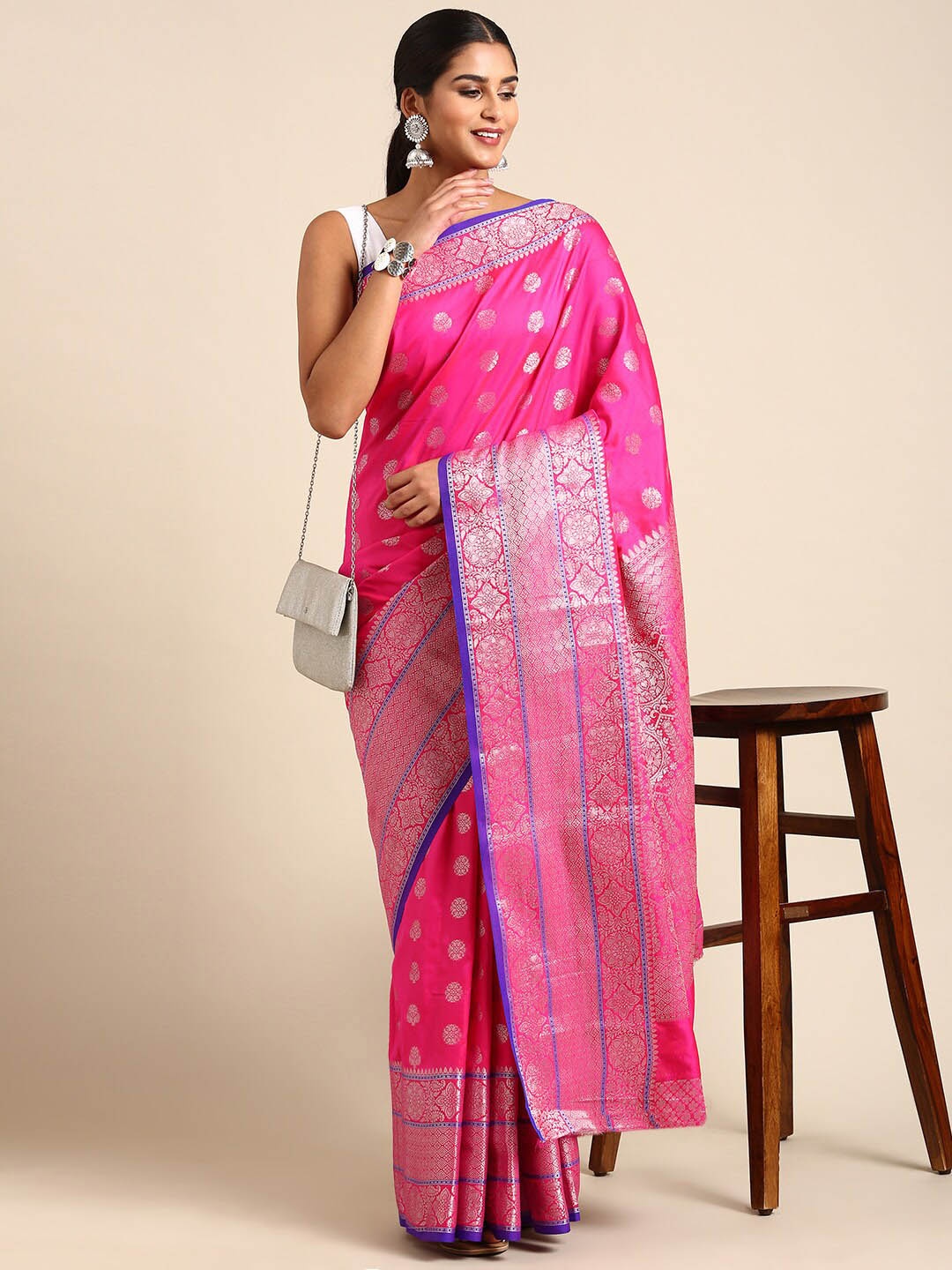 

Angroop Ethnic Motifs Woven Design Zari Banarasi Saree, Pink