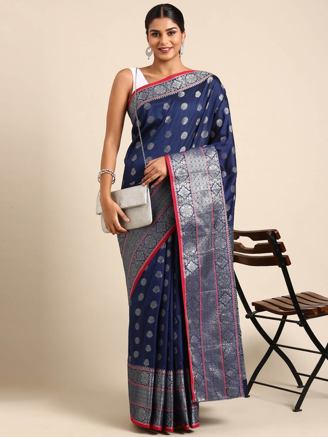 

Angroop Ethnic Motifs Woven Design Zari Banarasi Saree, Navy blue