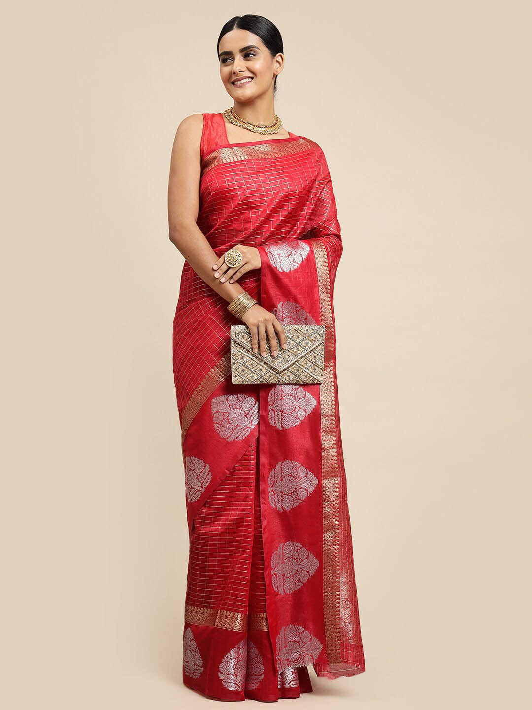 

Angroop Checked Woven Design Zari Banarasi Saree, Pink