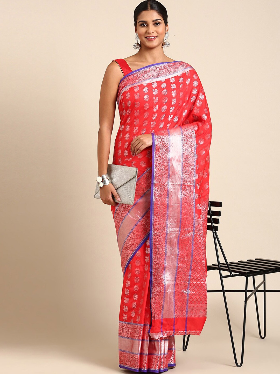 

Angroop Ethnic Motifs Woven Design Zari Banarasi Saree, Red