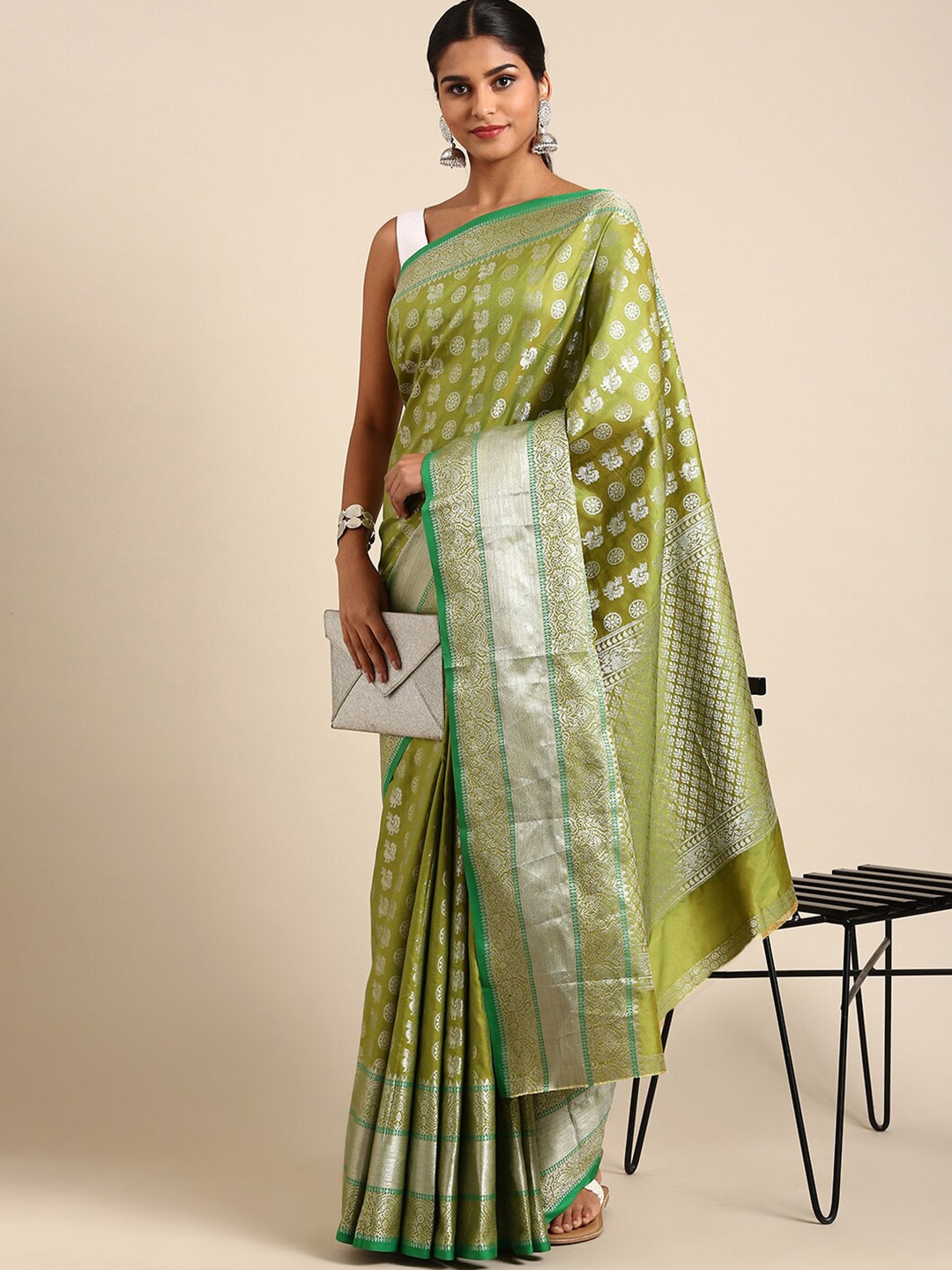 

Angroop Ethnic Motifs Woven Design Zari Banarasi Saree, Green