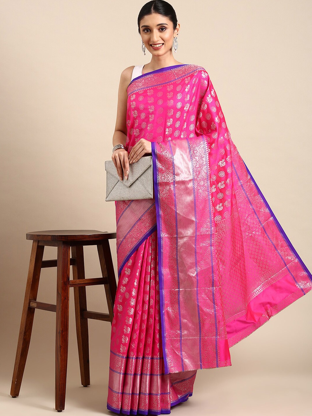 

Angroop Ethnic Motifs Woven Design Zari Banarasi Saree, Pink