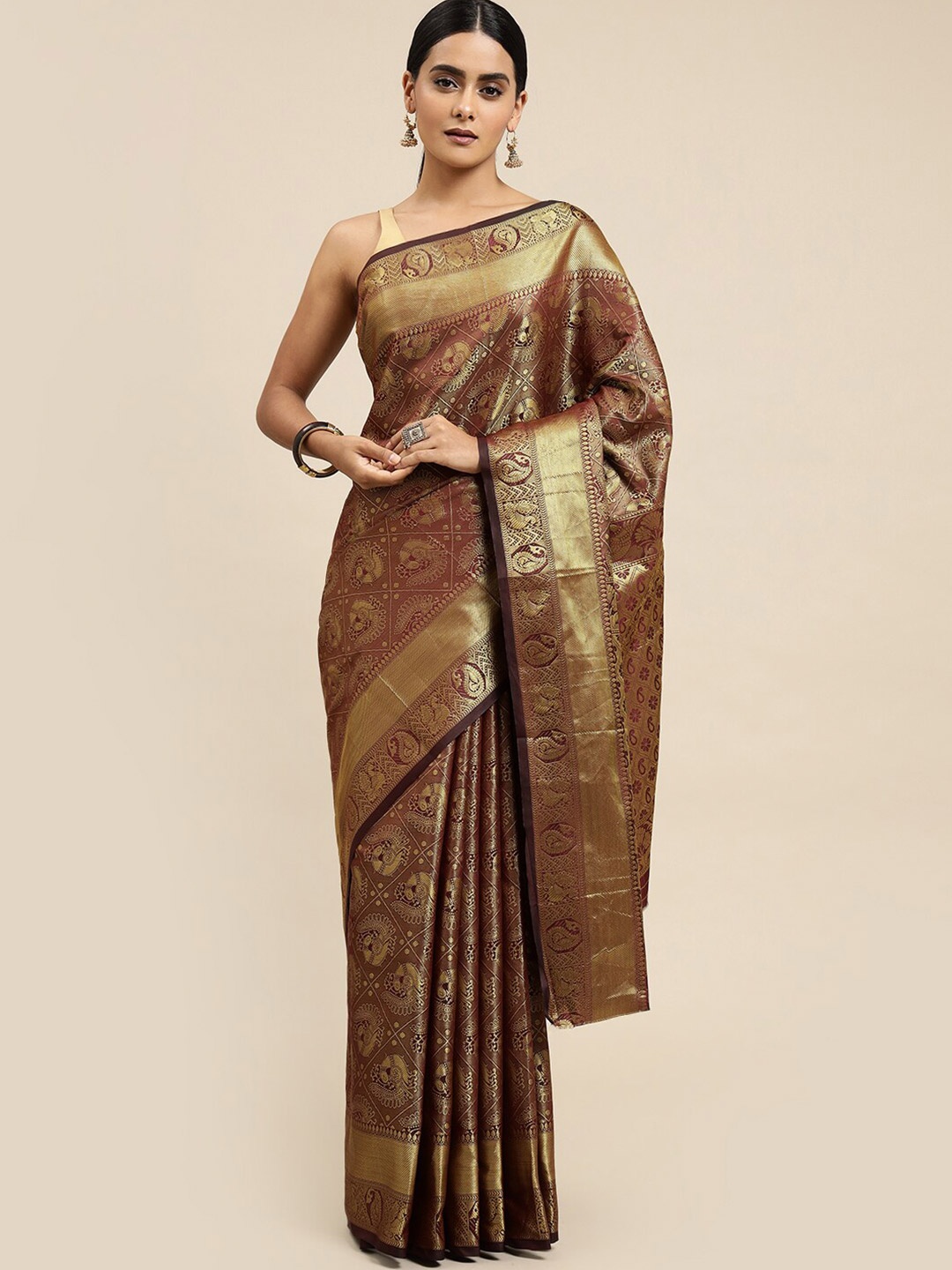 

Angroop Ethnic Motifs Woven Design Zari Banarasi Saree, Brown