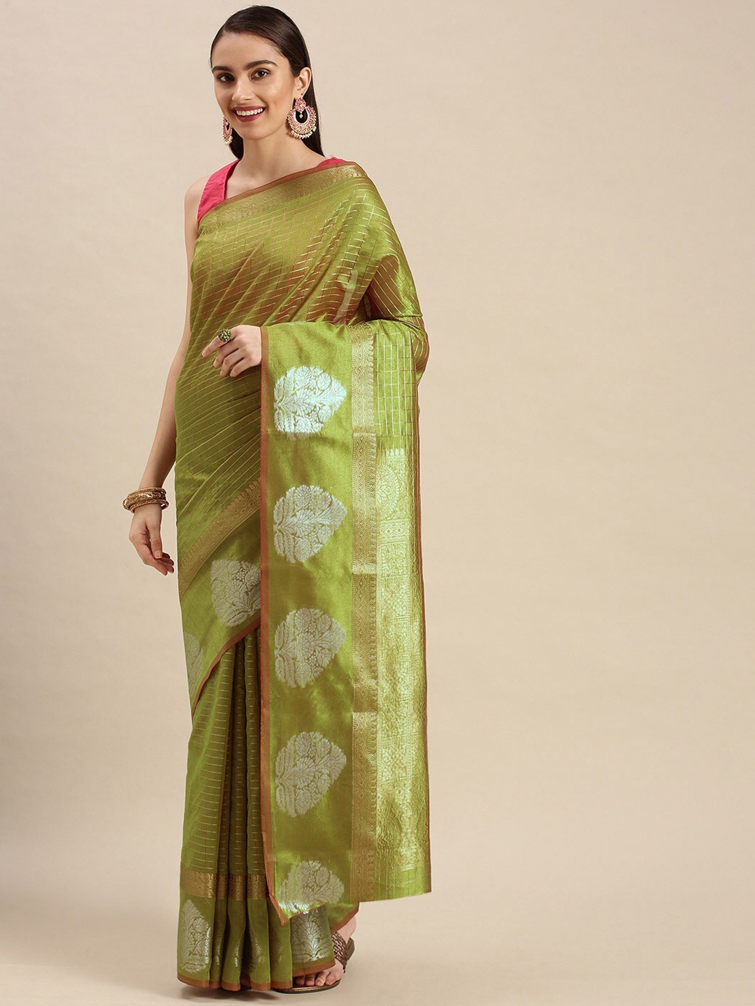 

Angroop Ethnic Motifs Woven Design Zari Banarasi Saree, Green