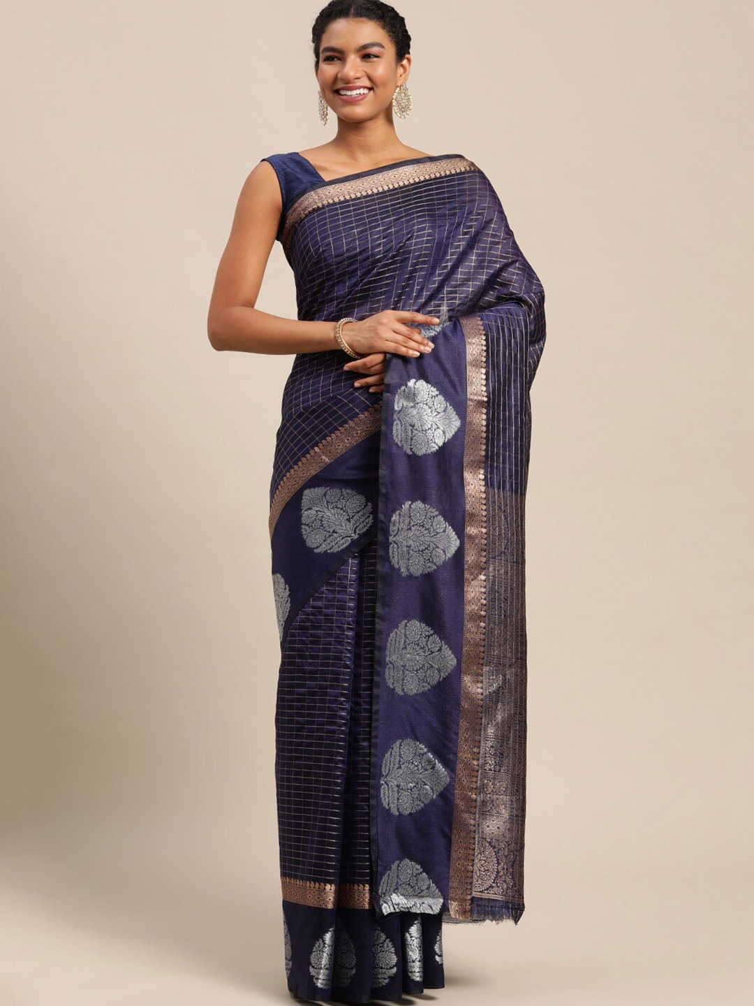 

Angroop Checked Woven Design Zari Banarasi Saree, Blue