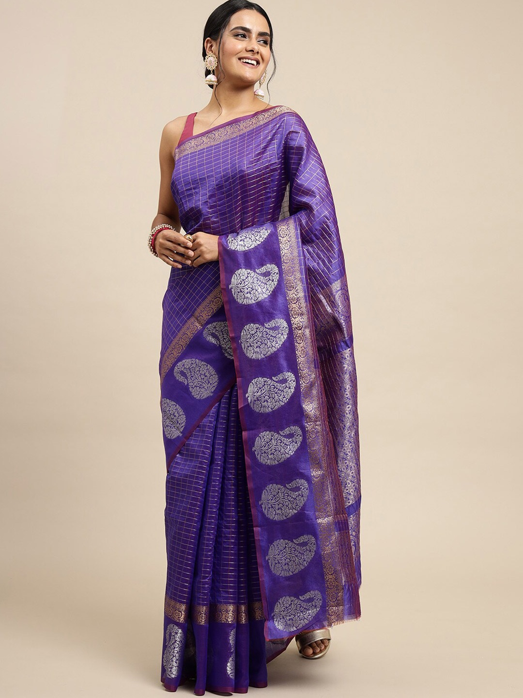 

Angroop Checked Woven Design Zari Banarasi Saree, Purple