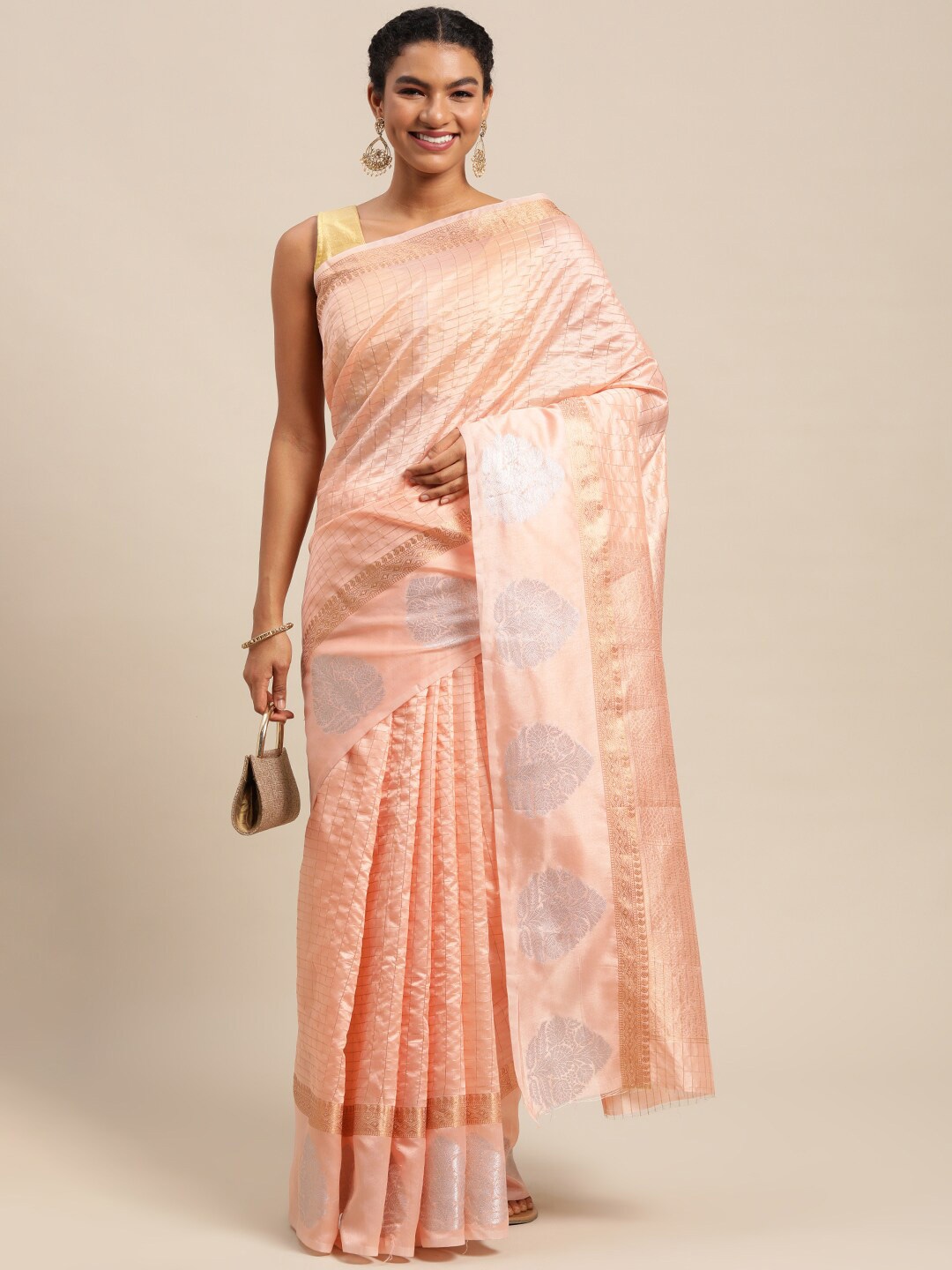 

Angroop Checked Woven Design Zari Banarasi Saree, Peach