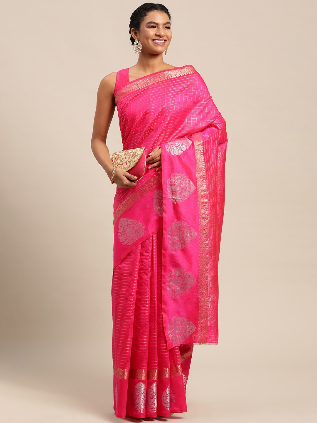 

Angroop Checked Woven Design Zari Banarasi Saree, Pink