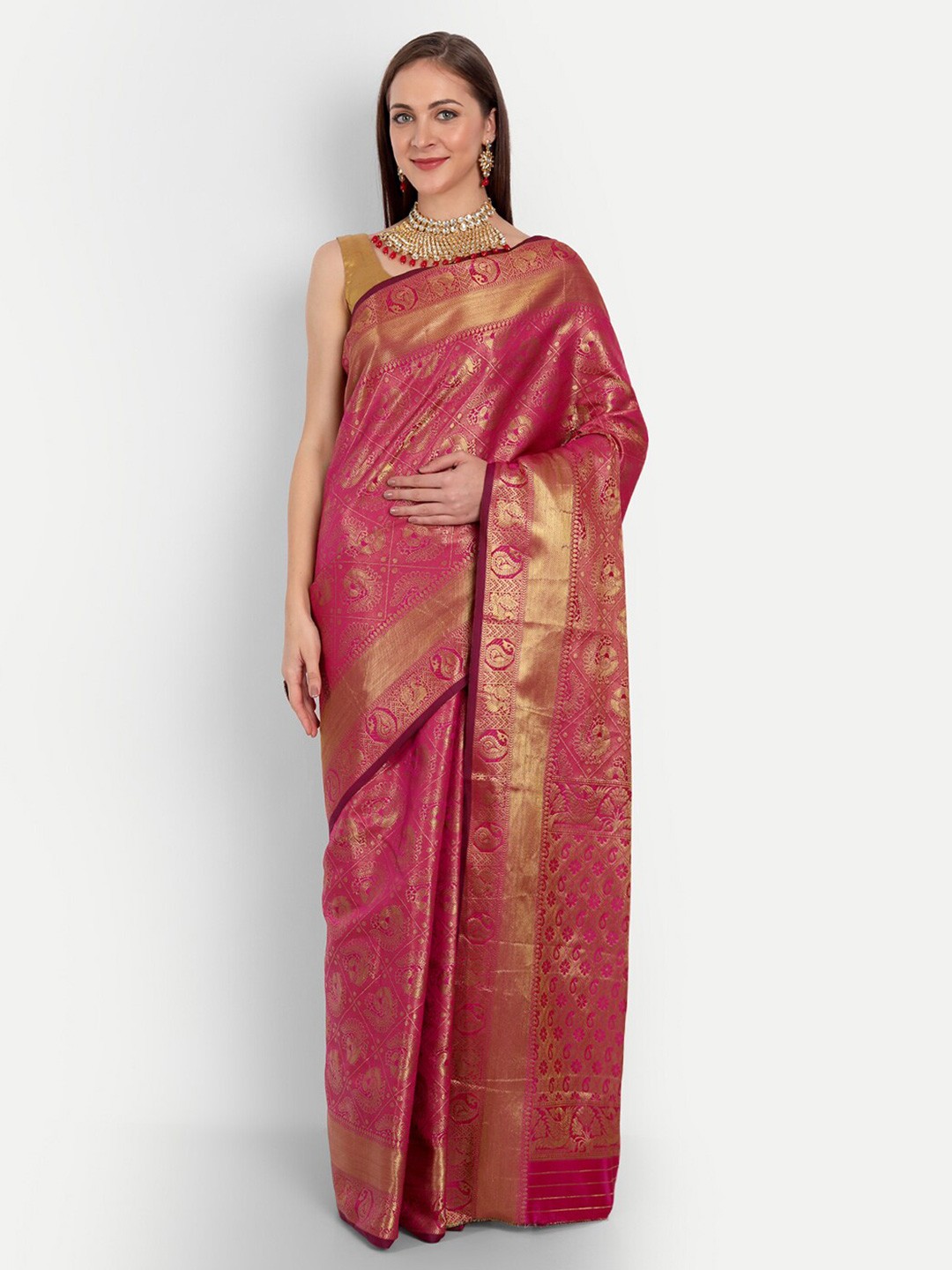 

Angroop Ethnic Motifs Woven Design Zari Banarasi Saree, Pink