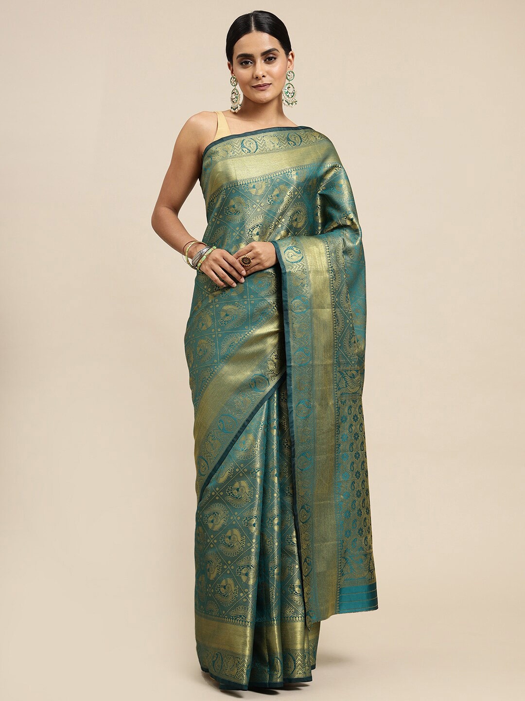 

Angroop Ethnic Motifs Woven Design Zari Banarasi Saree, Blue