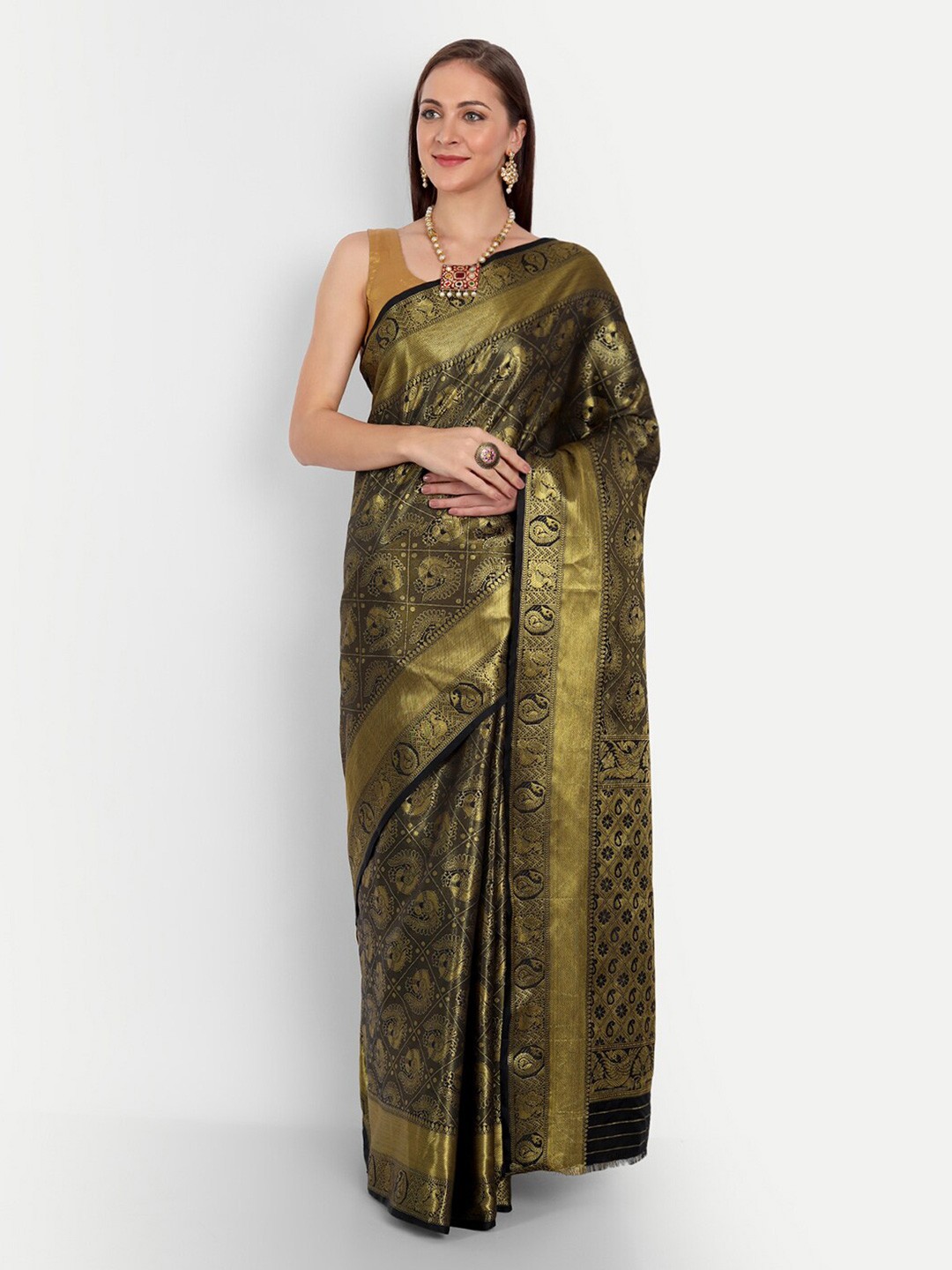 

Angroop Ethnic Motifs Woven Design Zari Banarasi Saree, Black