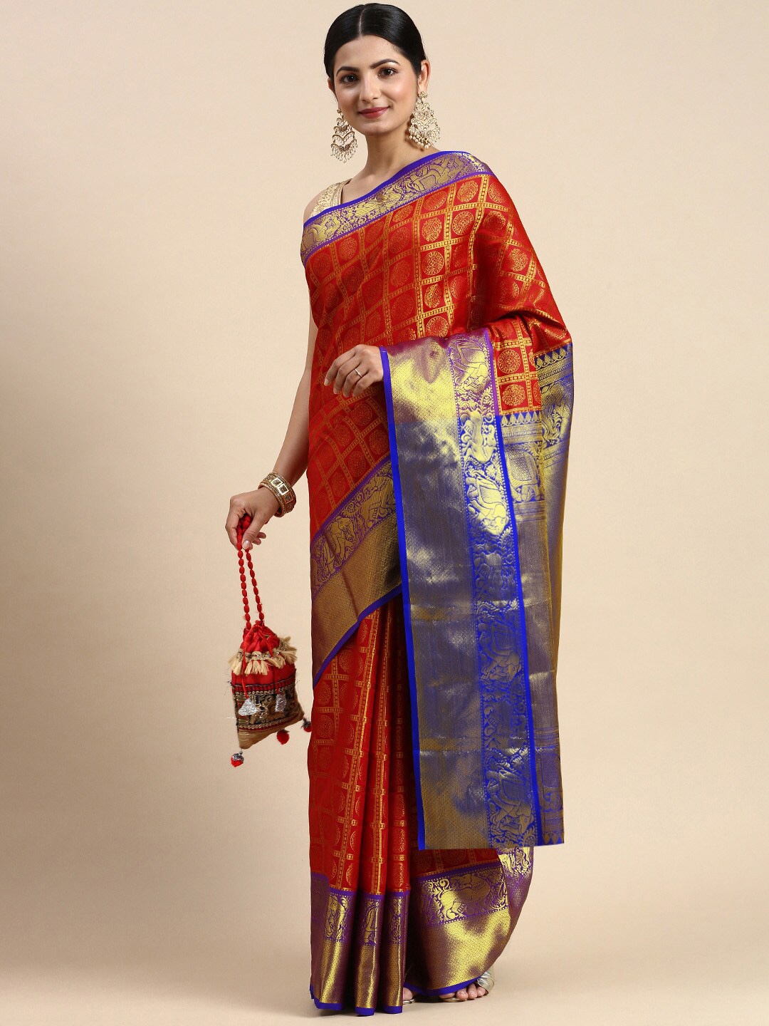 

Angroop Ethnic Motifs Woven Design Zari Banarasi Saree, Red