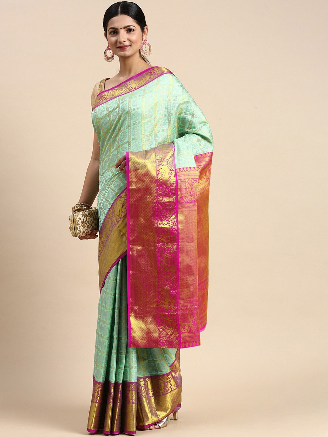 

Angroop Ethnic Motifs Woven Design Zari Banarasi Saree, Green