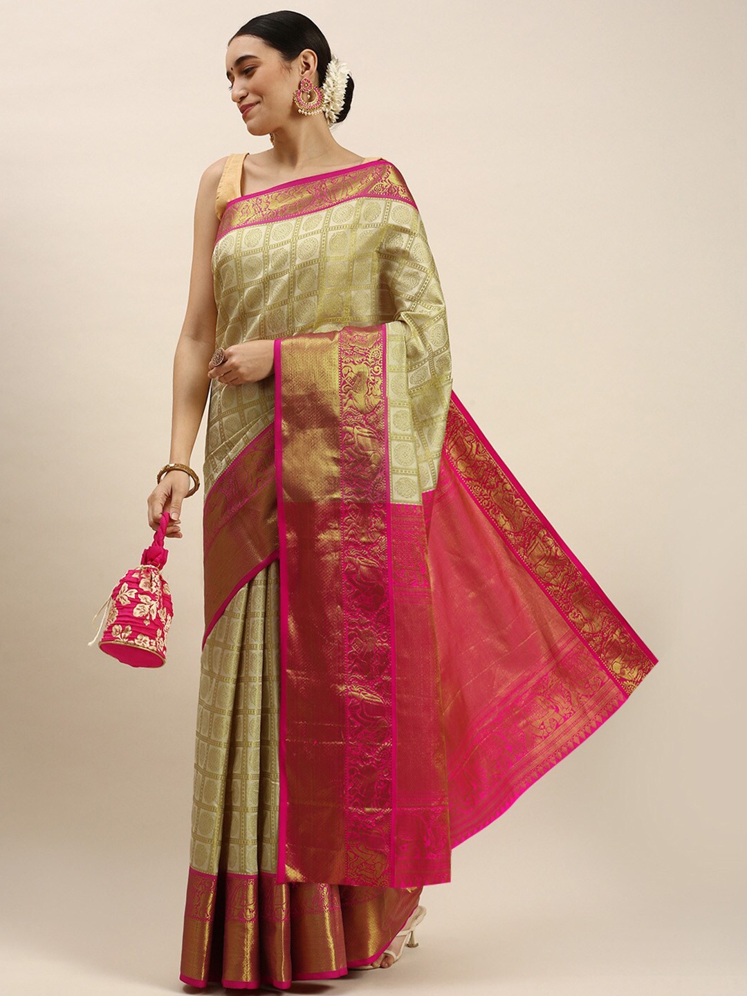 

Angroop Ethnic Motifs Woven Design Zari Banarasi Saree, Green