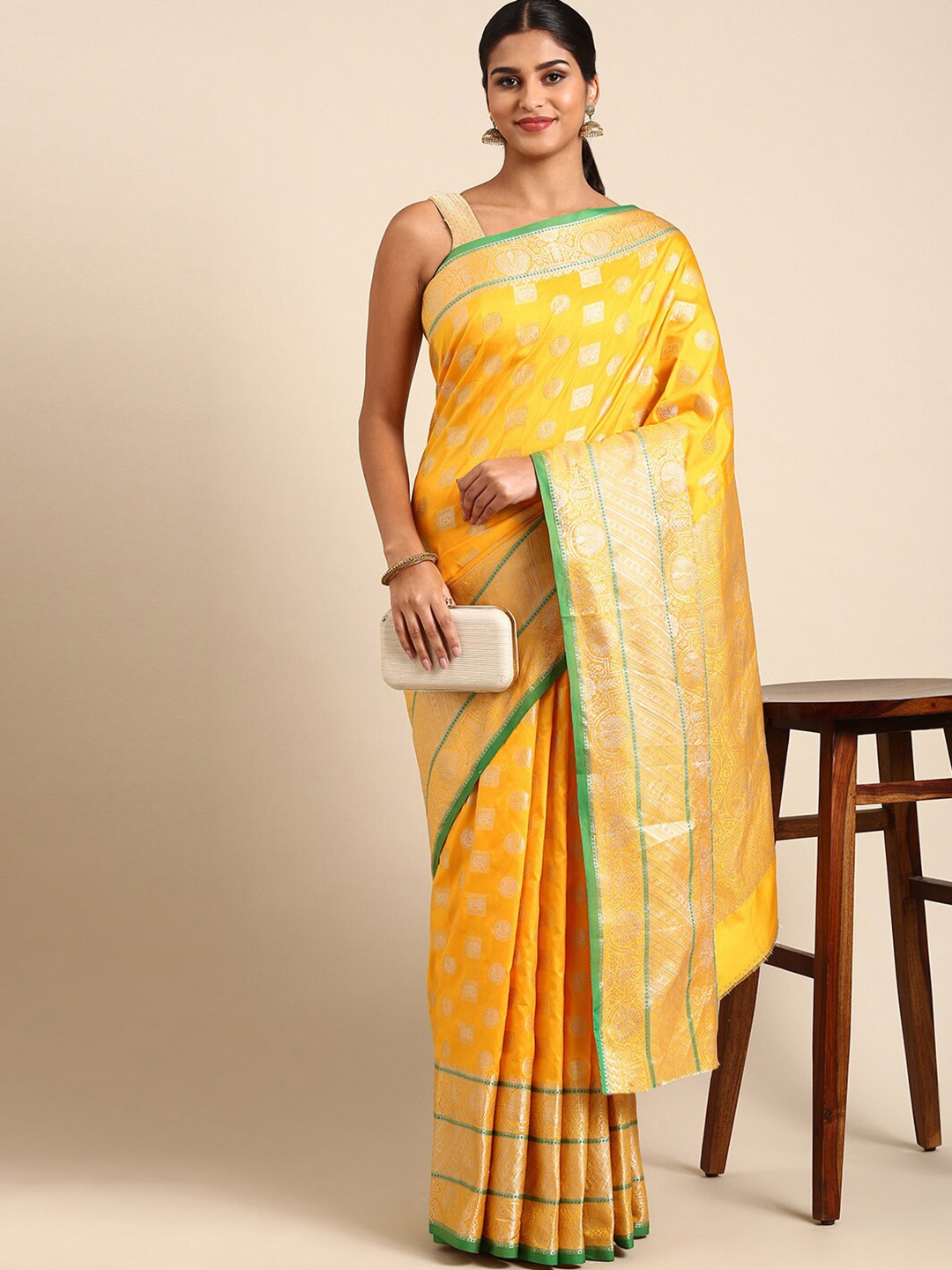 

Angroop Ethnic Motifs Woven Design Zari Banarasi Saree, Yellow