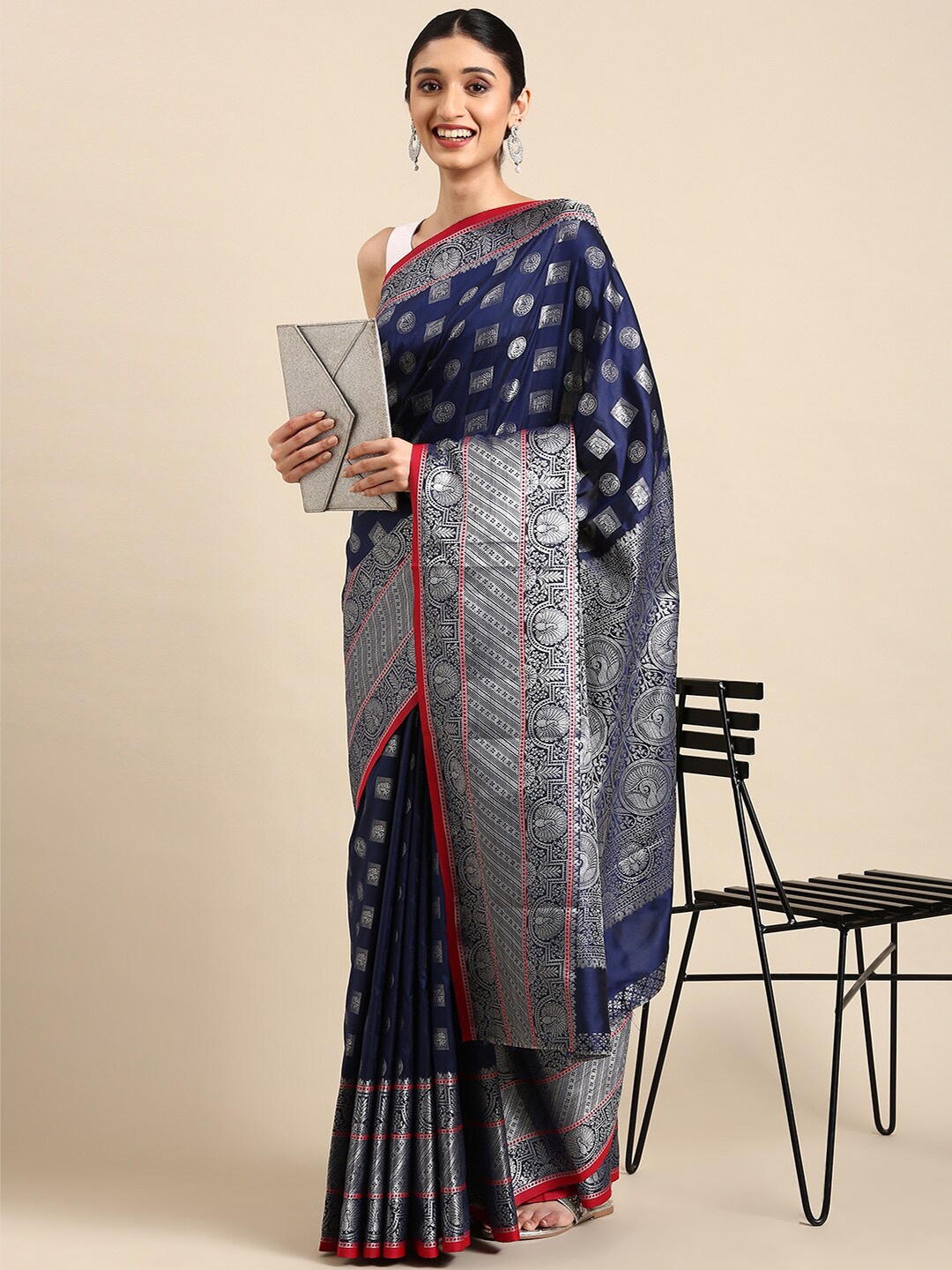 

Angroop Ethnic Motifs Woven Design Zari Banarasi Saree, Blue