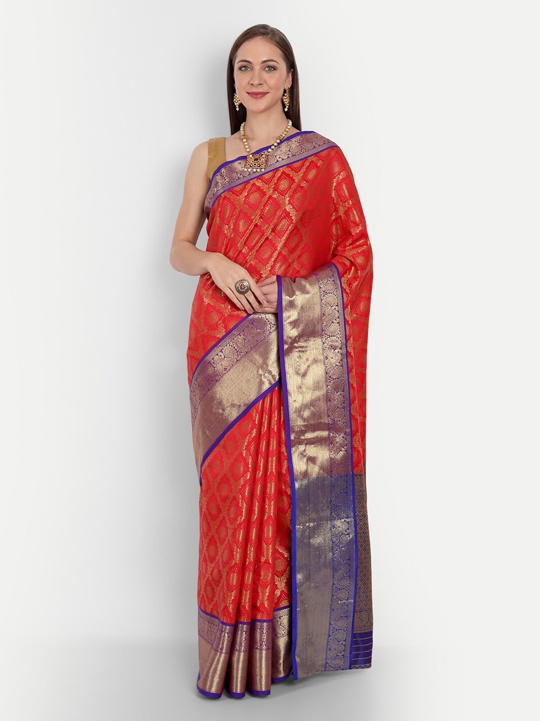 

Angroop Ethnic Motifs Woven Design Zari Banarasi Saree, Red