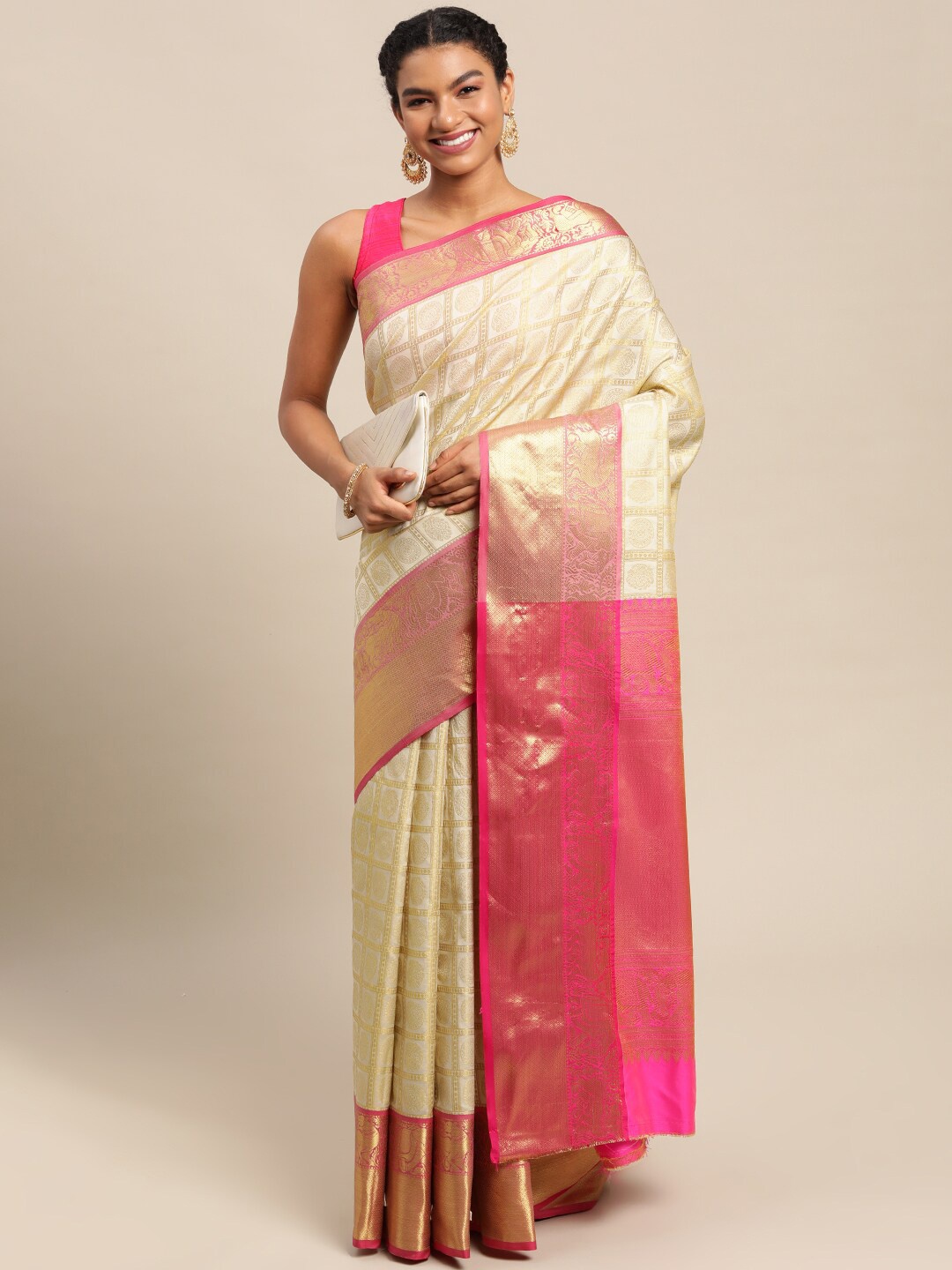 

Angroop Woven Design Zari Detailed Banarasi Saree, Cream