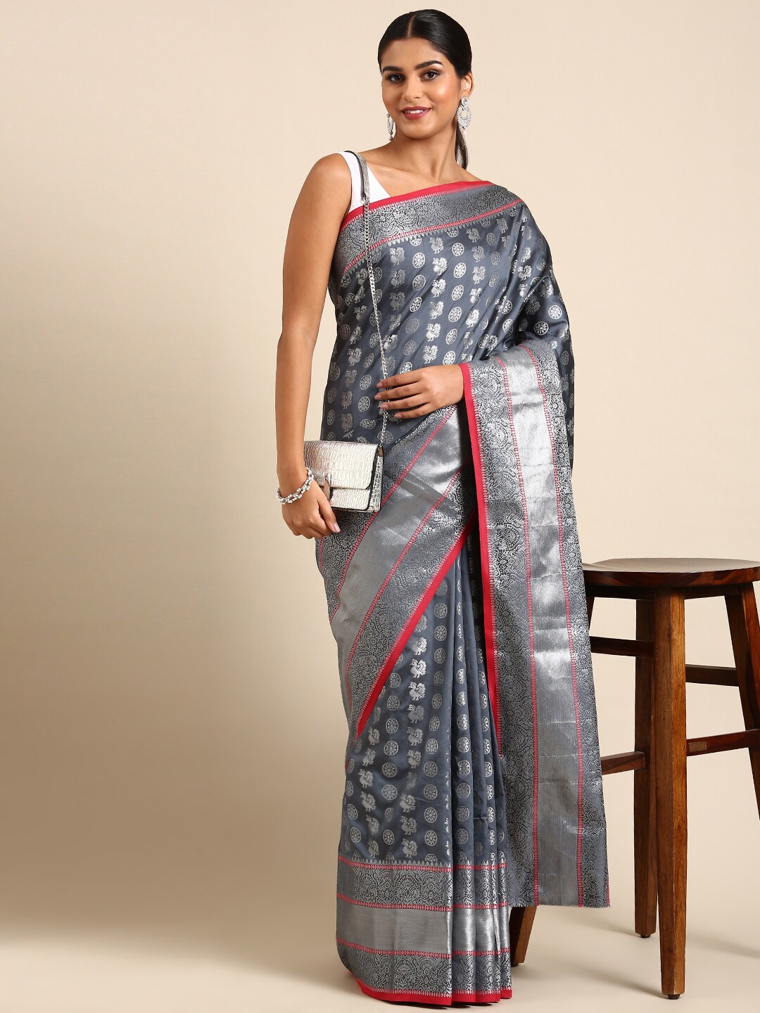 

Angroop Woven Design Zari Detailed Banarasi Saree, Grey