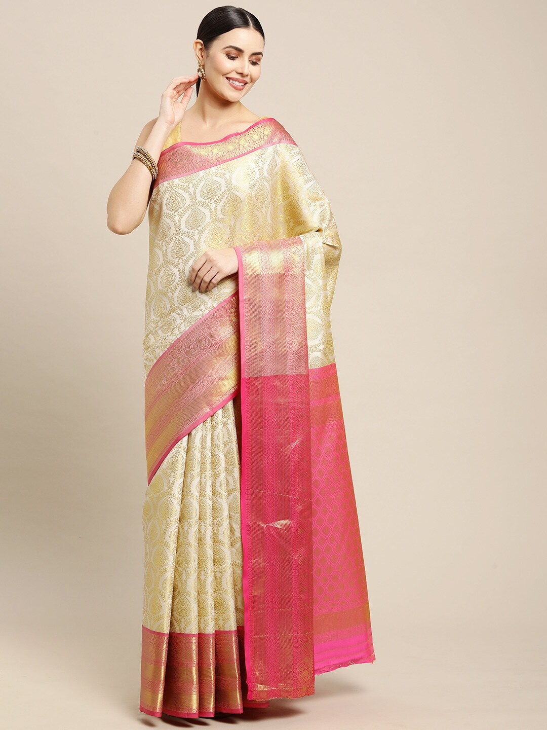 

Angroop Ethnic Motifs Woven Design Zari Banarasi Saree, Cream