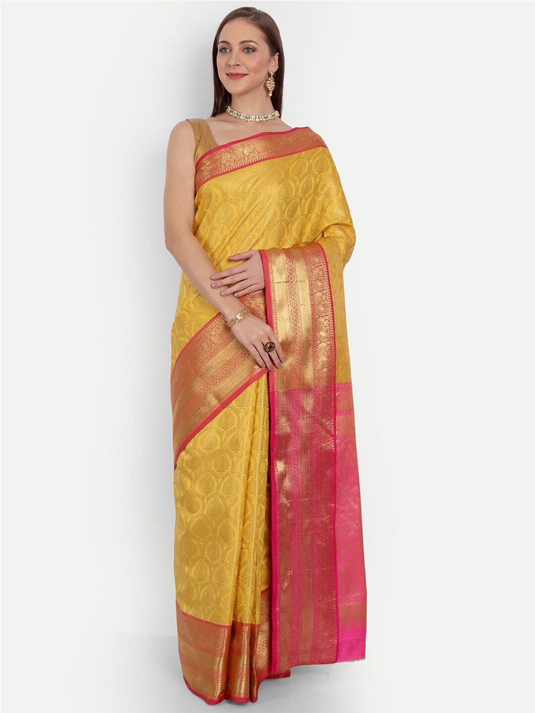 

Angroop Ethnic Motifs Woven Design Zari Banarasi Saree, Yellow