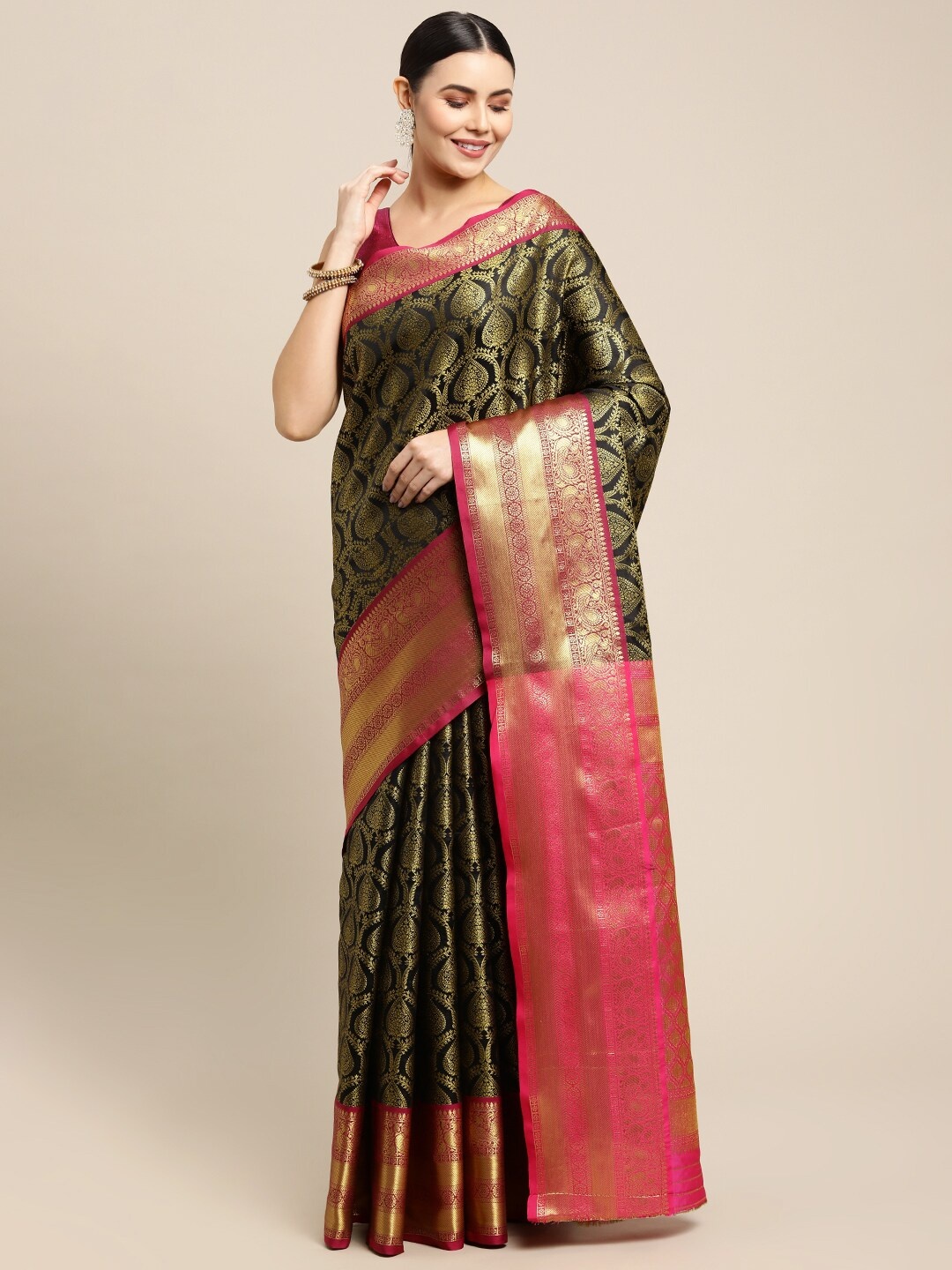 

Angroop Ethnic Motifs Woven Design Zari Banarasi Saree, Black
