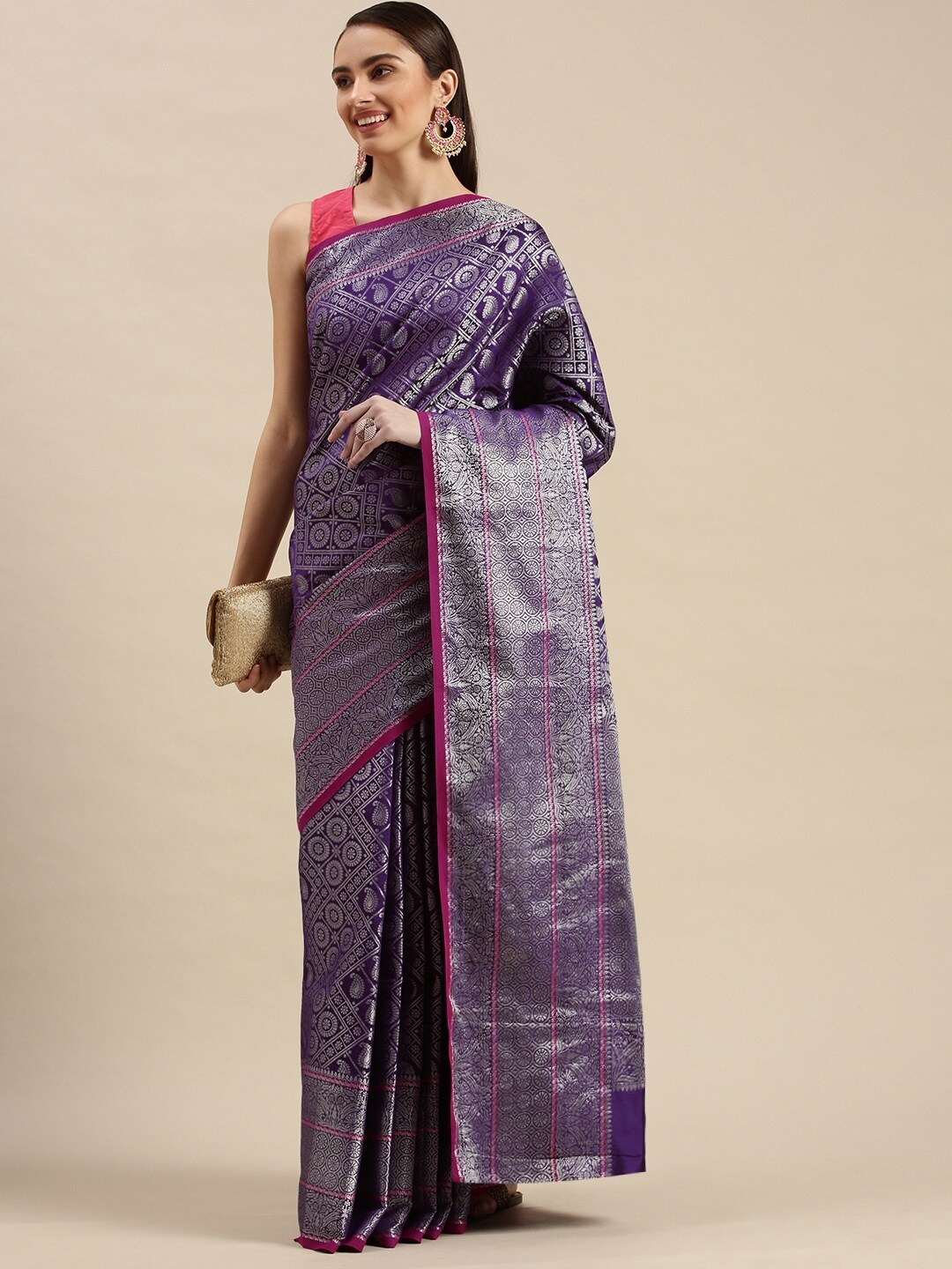 

Angroop Ethnic Motifs Woven Design Zari Banarasi Saree, Navy blue