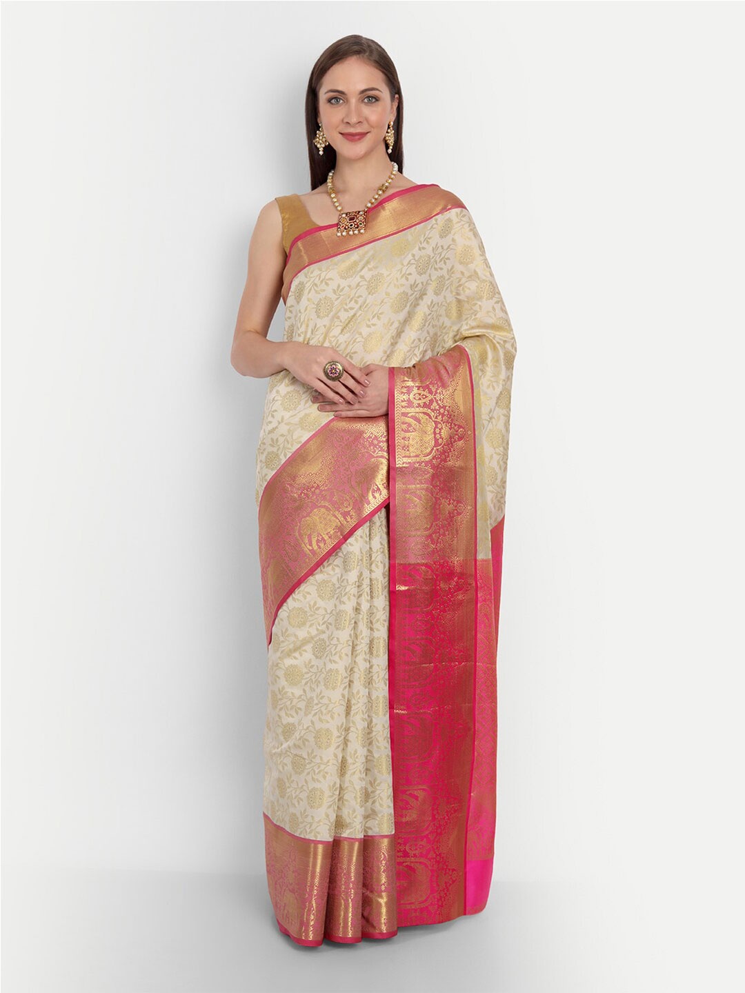 

Angroop Floral Woven Design Zari Banarasi Saree, White