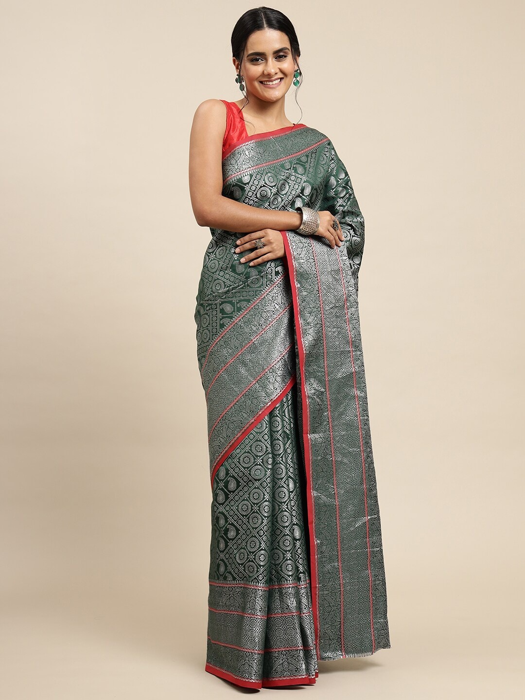 

Angroop Ethnic Motifs Woven Design Zari Banarasi Saree, Green