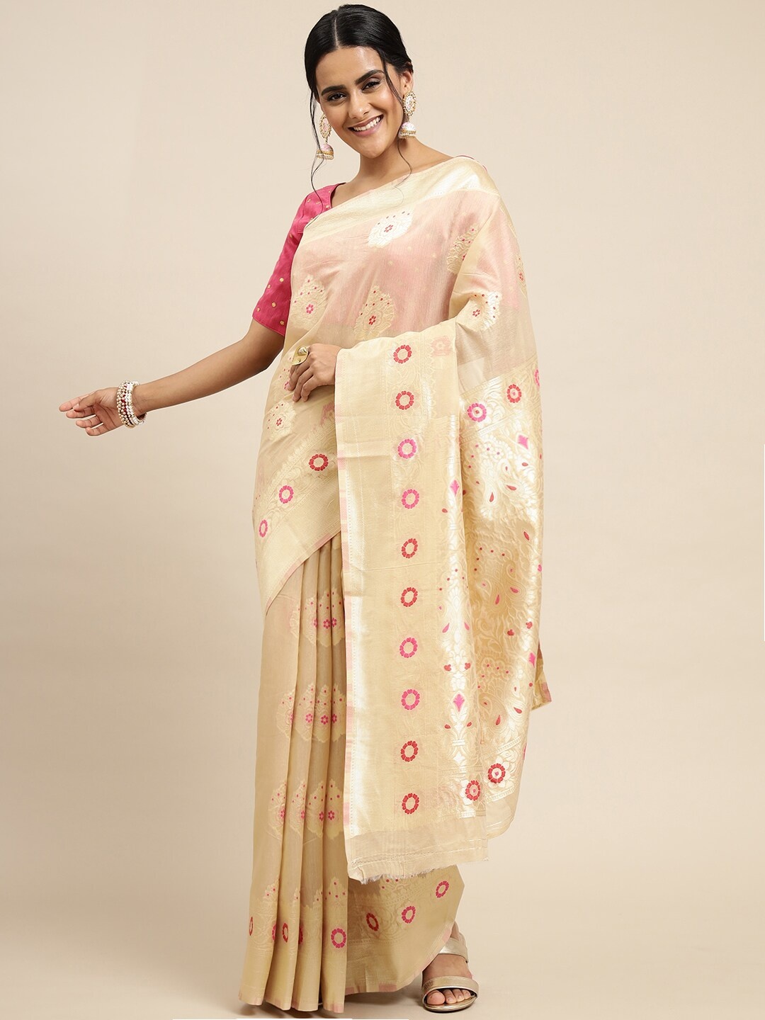 

Angroop Ethnic Motifs Woven Design Zari Banarasi Saree, Cream