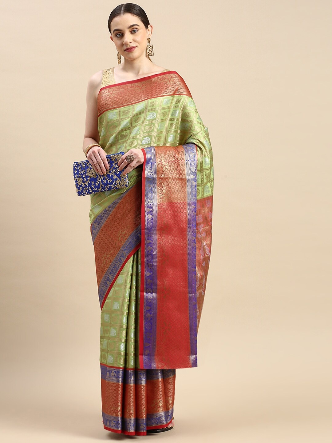 

Angroop Ethnic Motifs Woven Design Zari Banarasi Saree, Green