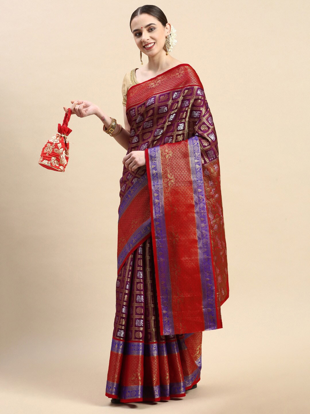 

Angroop Ethnic Motifs Woven Design Zari Saree, Burgundy