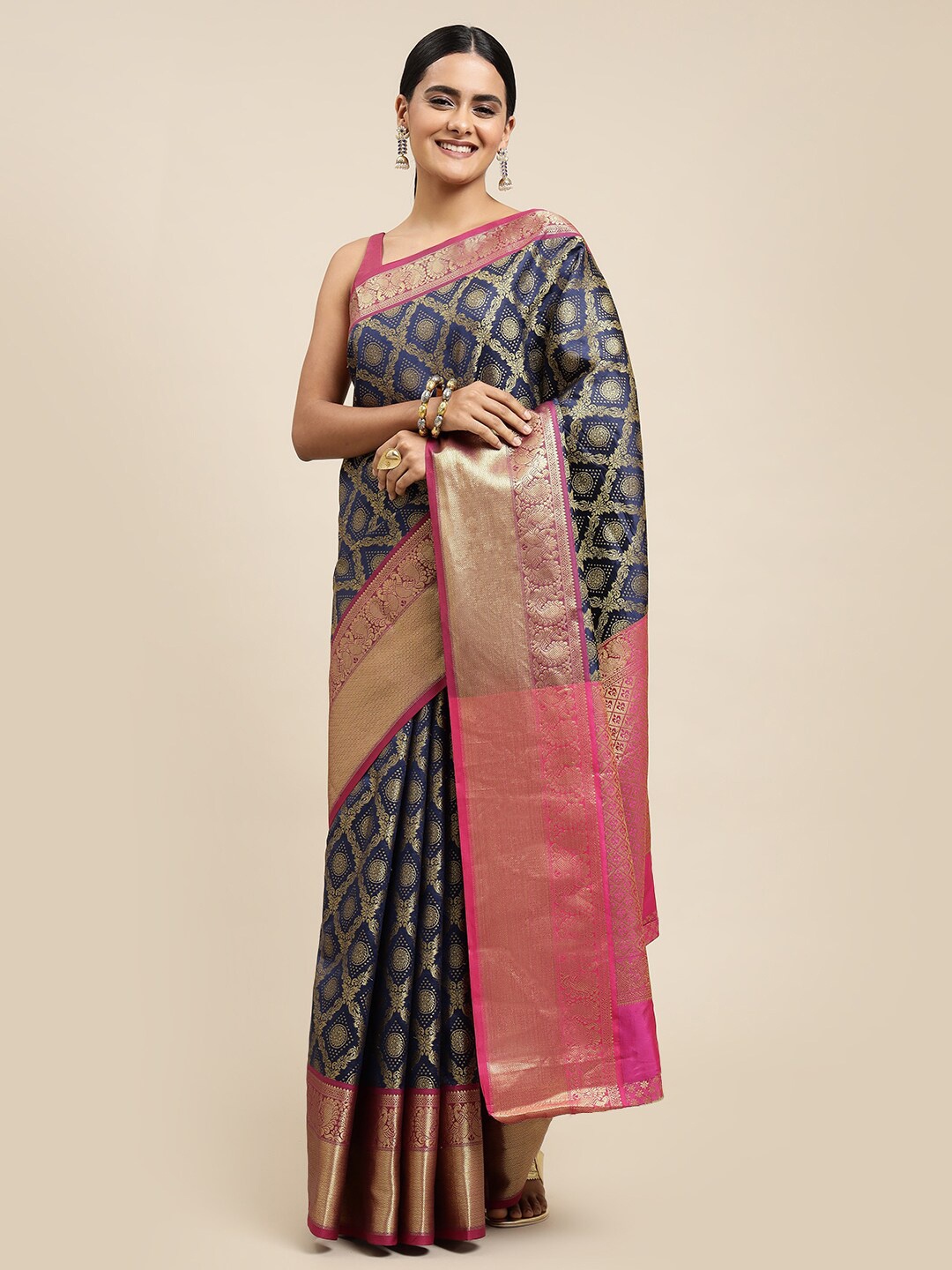 

Angroop Ethnic Motifs Woven Design Zari Saree, Navy blue