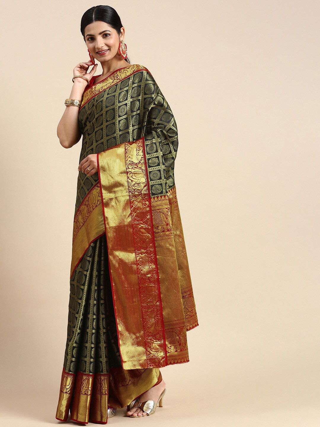 

Angroop Ethnic Motifs Woven Design Zari Detailed Banarasi Saree, Black
