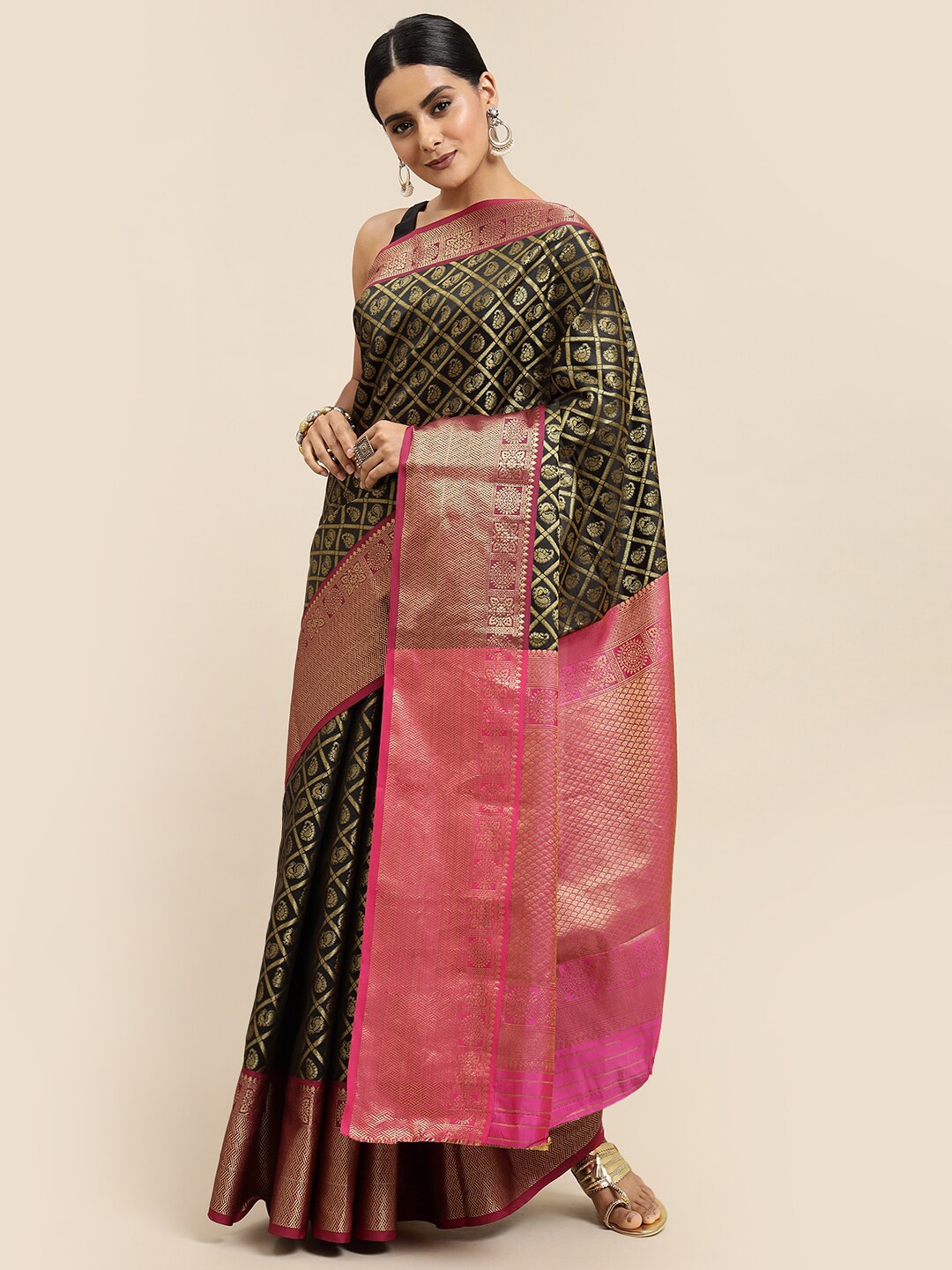 

Angroop Ethnic Motifs Woven Design Zari Detailed Banarasi Saree, Black