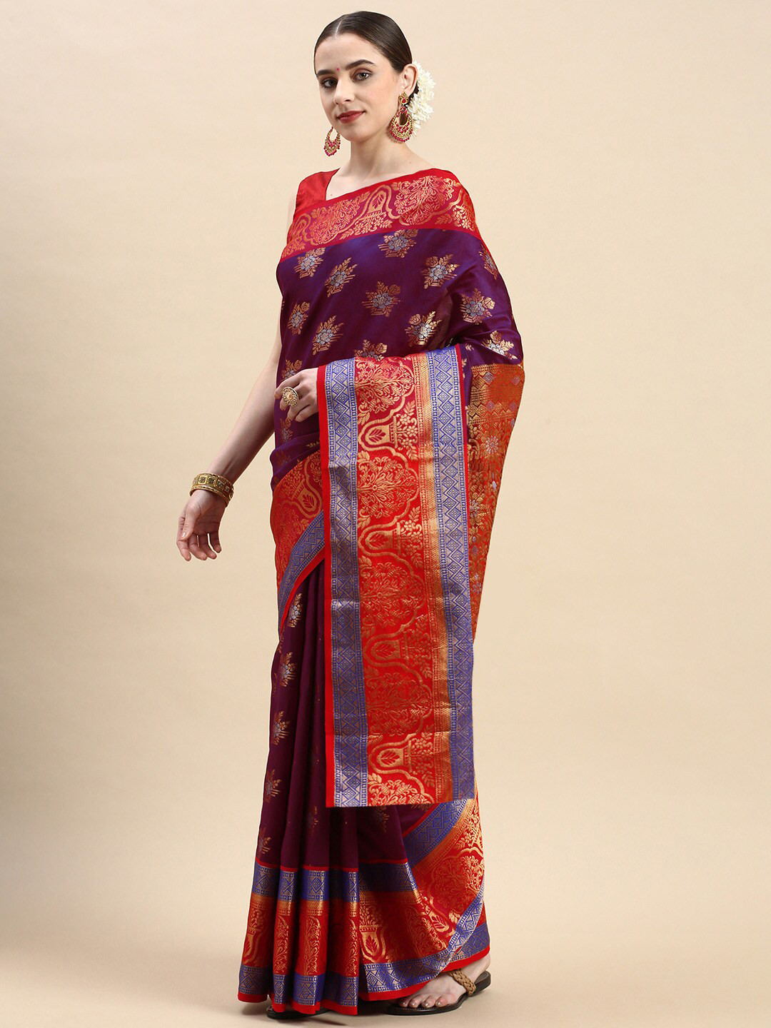 

Angroop Ethnic Motifs Woven Design Zari Detailed Banarasi Saree, Purple