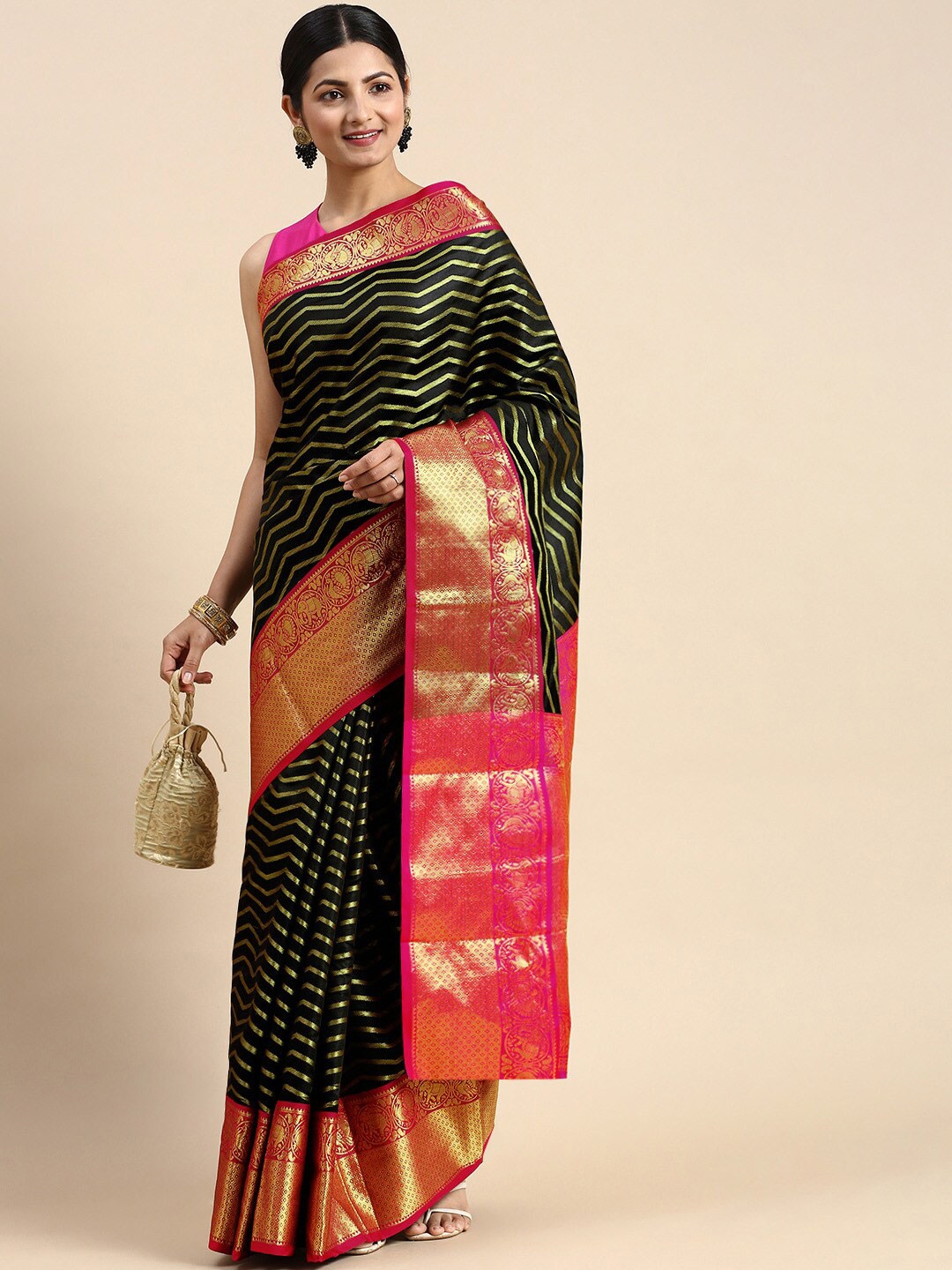 

Angroop Geometric Woven Design Zari Detailed Banarasi Saree, Black