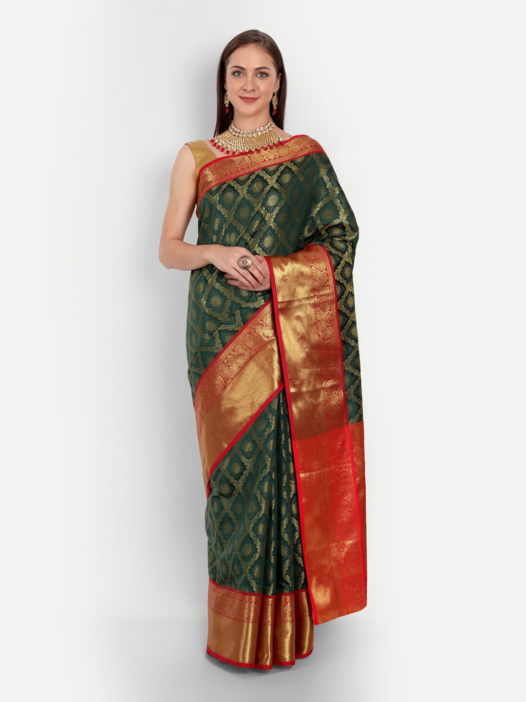 

Angroop Ethnic Motifs Woven Design Zari Detailed Banarasi Saree, Green