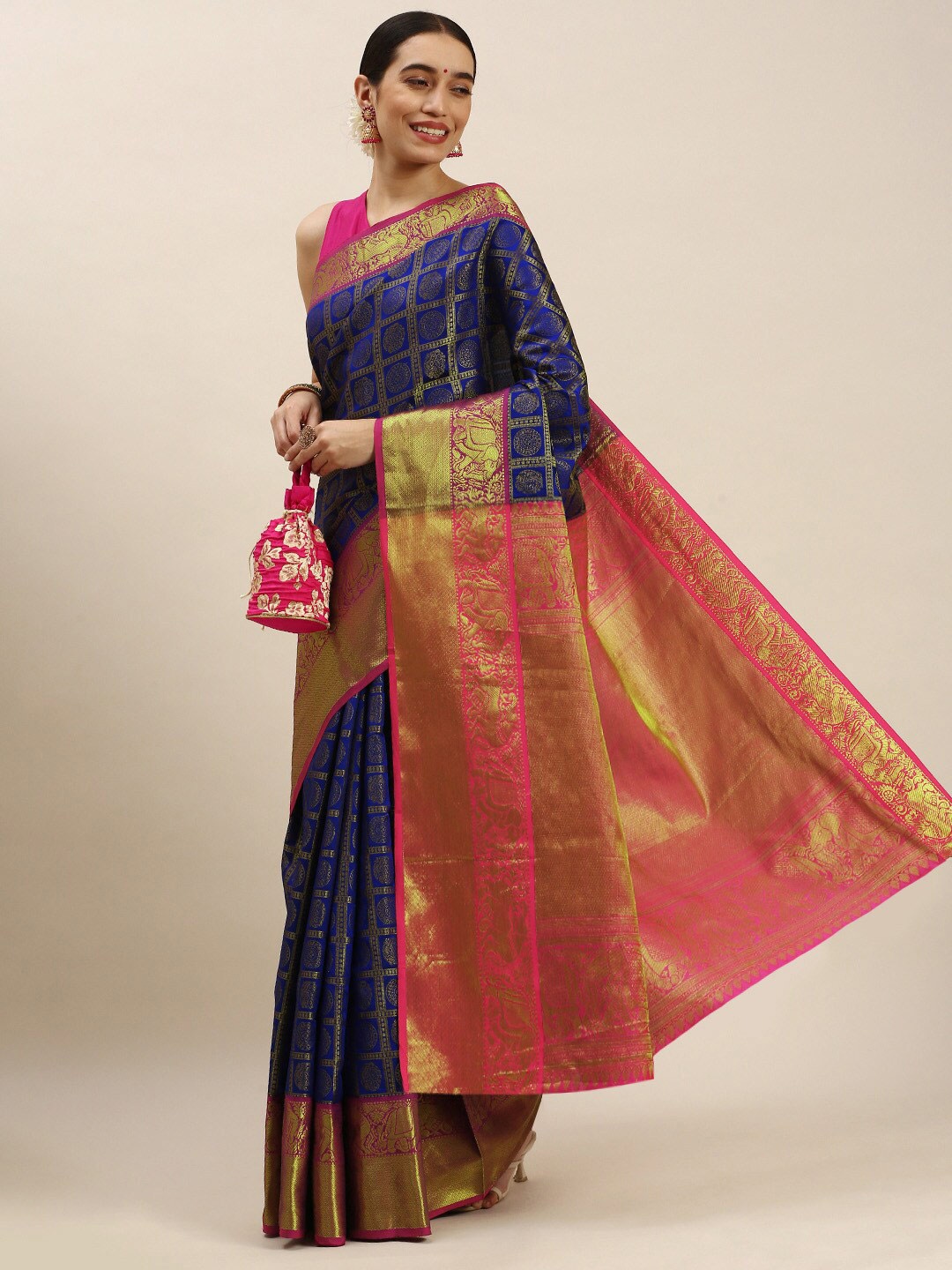 

Angroop Ethnic Motifs Woven Design Zari Detailed Banarasi Saree, Blue